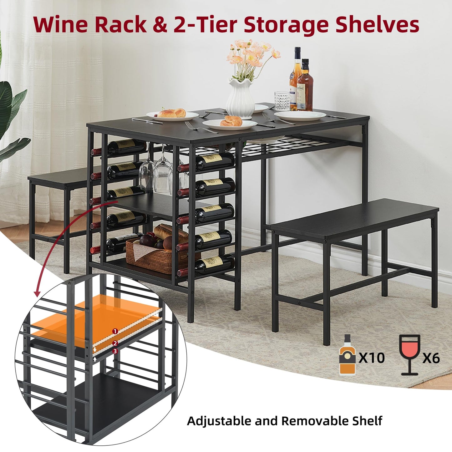 IDEALHOUSE Dining Table Set for 4, Kitchen Table Set for 4 with 2 Benches, Rectangular Dining Room Table Set with Wine Rack, 3 Piece Dining Table Set for Small Space Apartment, Black