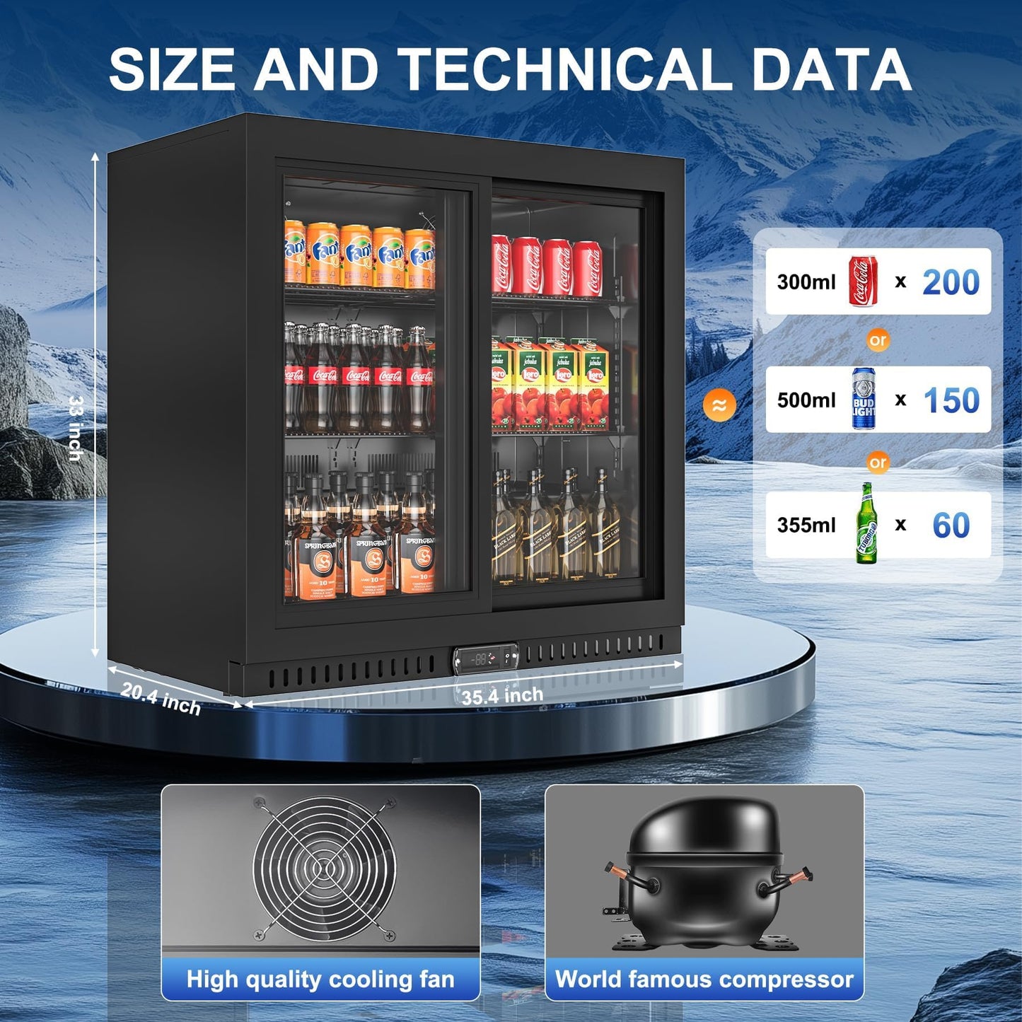 Rockitch Back Bar Cooler with 2 Sliding Doors, 6.8 Cu.ft Commercial Bar Cooler with LED Lighting, Under Counter Height Beverage Refrigerator, Commercial Display Drink Fridge for Bar, Restaurant, Hotel