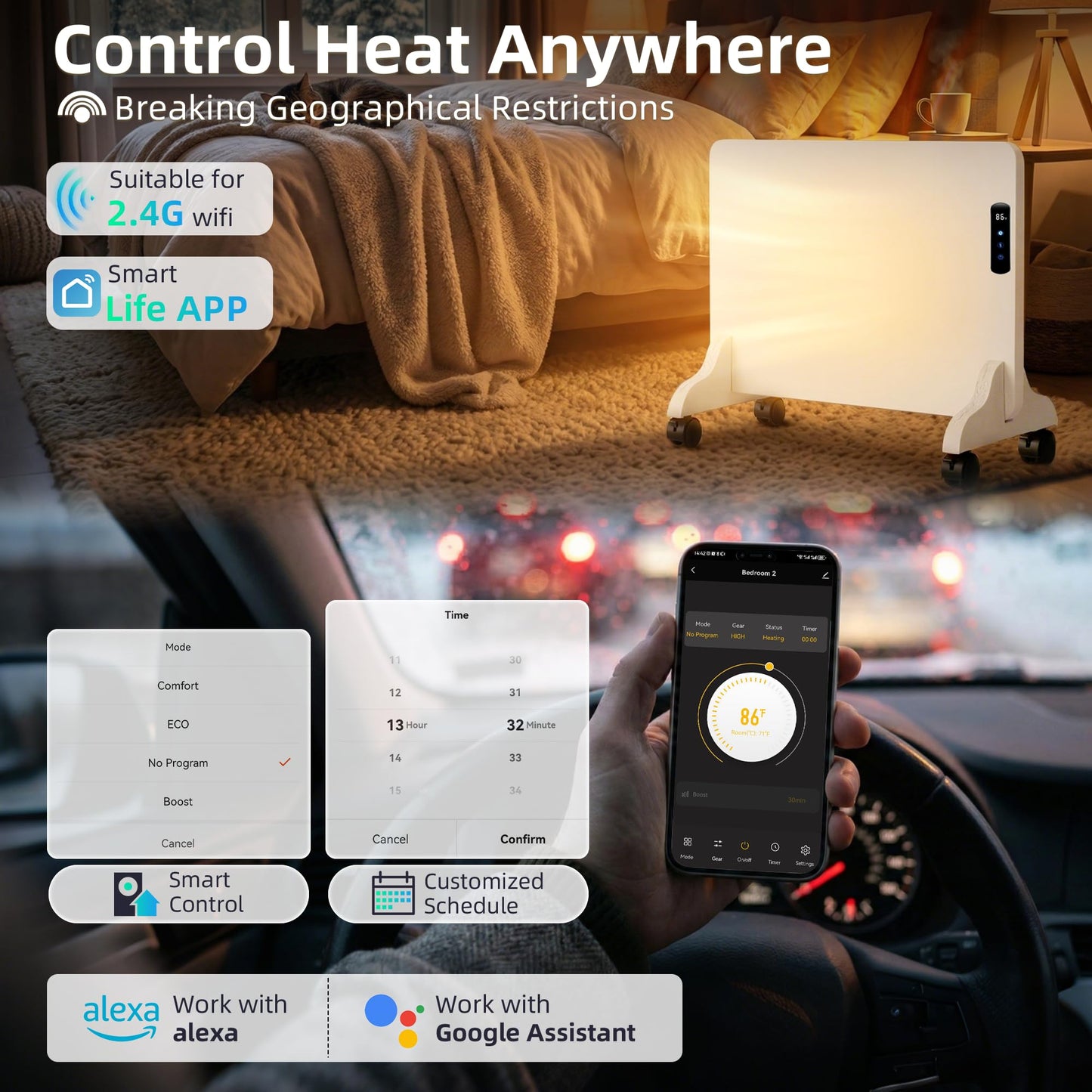 Wall Convection Space Heater Panel, Smart WiFi Wall Mounted Electric Heater for Indoor Use, 400W Energy Efficient Heaters with Remote & APP Control, Quiet Heaters for Bedroom, Office
