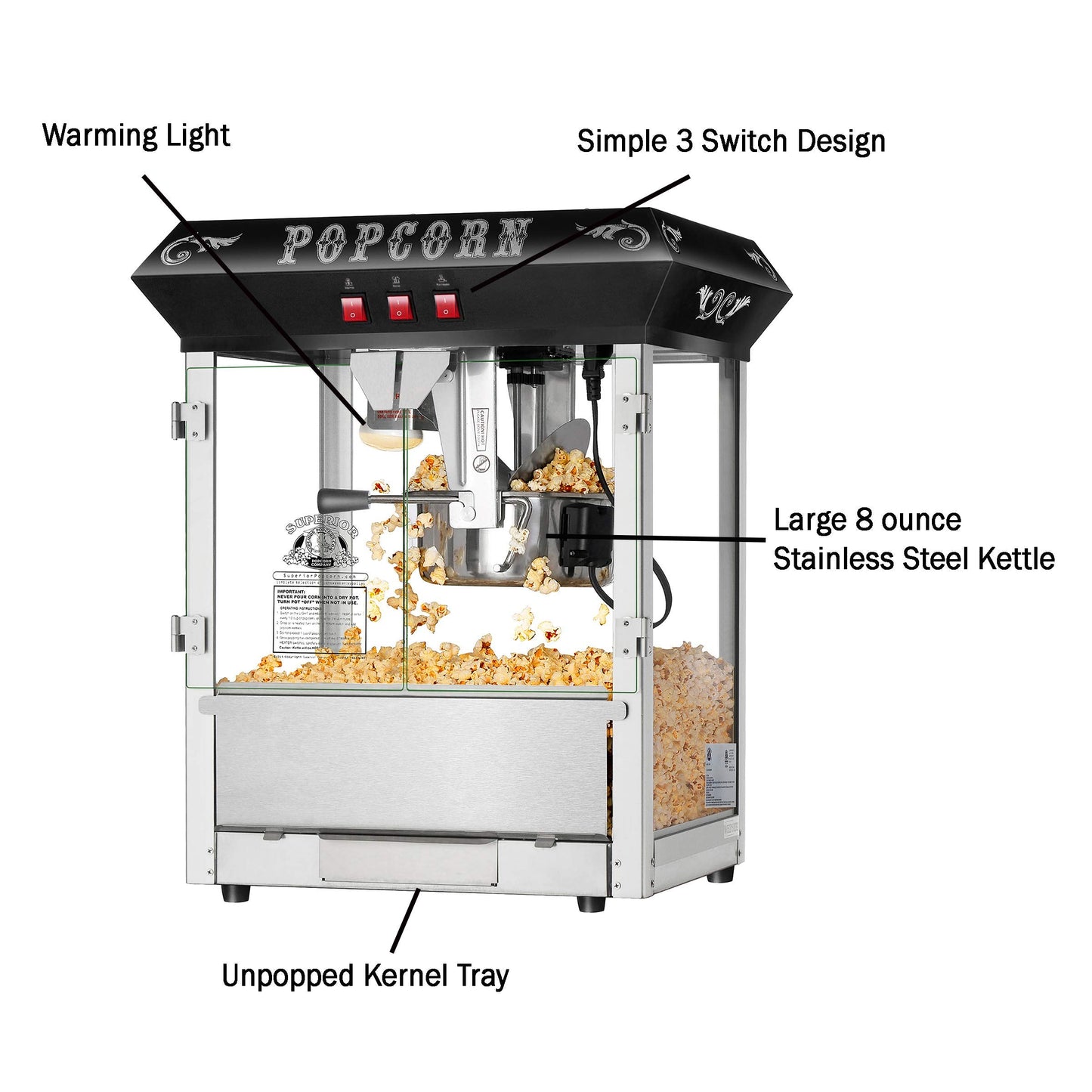 Hot and Fresh Countertop Popcorn Machine – 3 Gallon Popper – 8oz Kettle, Old Maids Drawer, Warming Tray, Scoop by Superior Popcorn Company (Black)