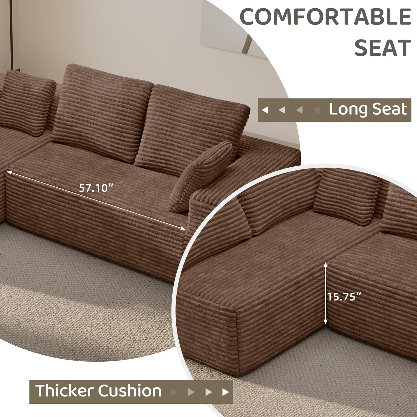 WJShome 134” Modular Sectional Cloud Couches, Upholstered Deep Seat Boneless Sofa for Living Room, Aprartment, No Assembly Required, Brown