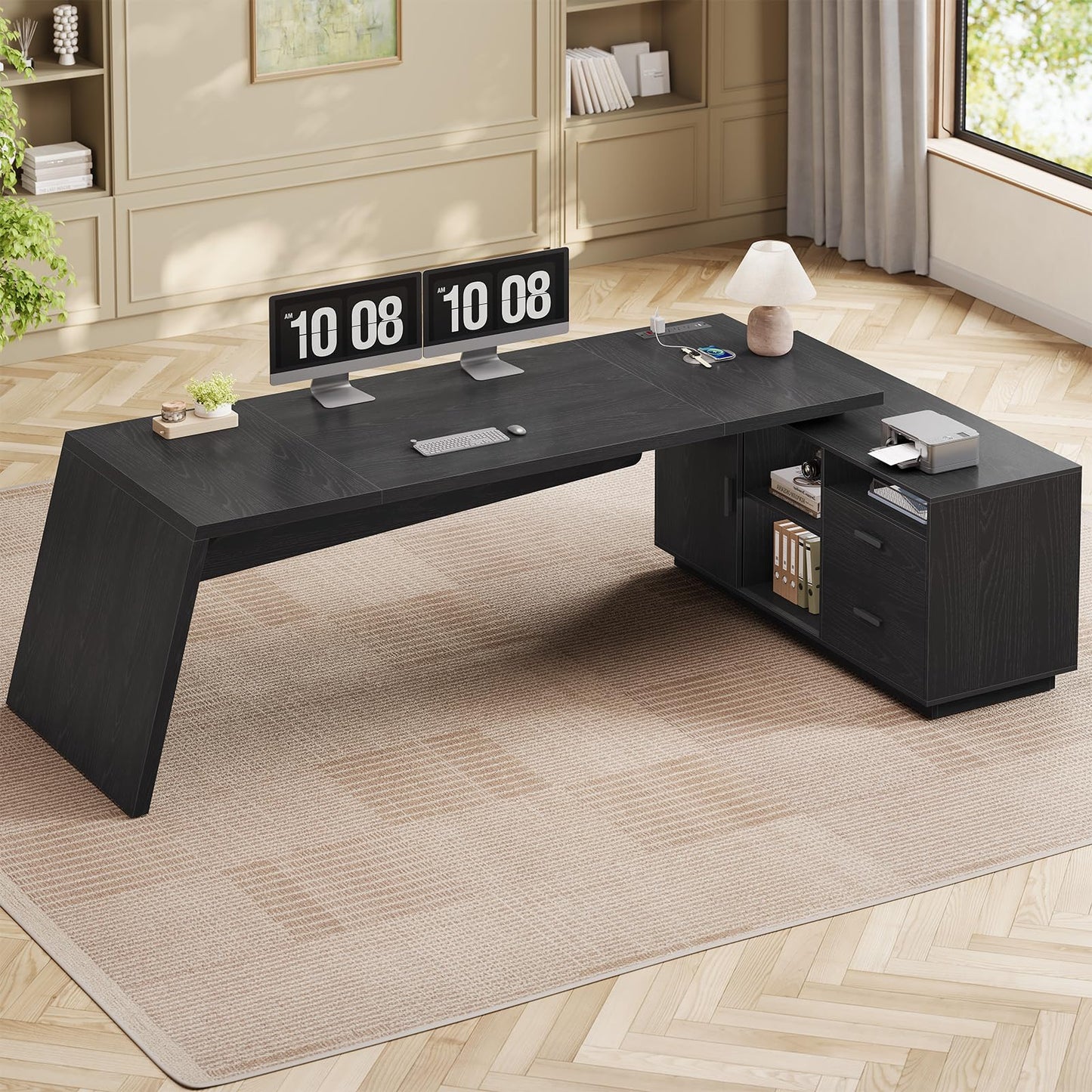 ANGRYWIN 78 inch L Shaped Executive Desk with Power Outlets, Large Home Office Desk with Storage Drawers and File Cabinet, Modern Computer Desk with Shelves, Black Business Furniture