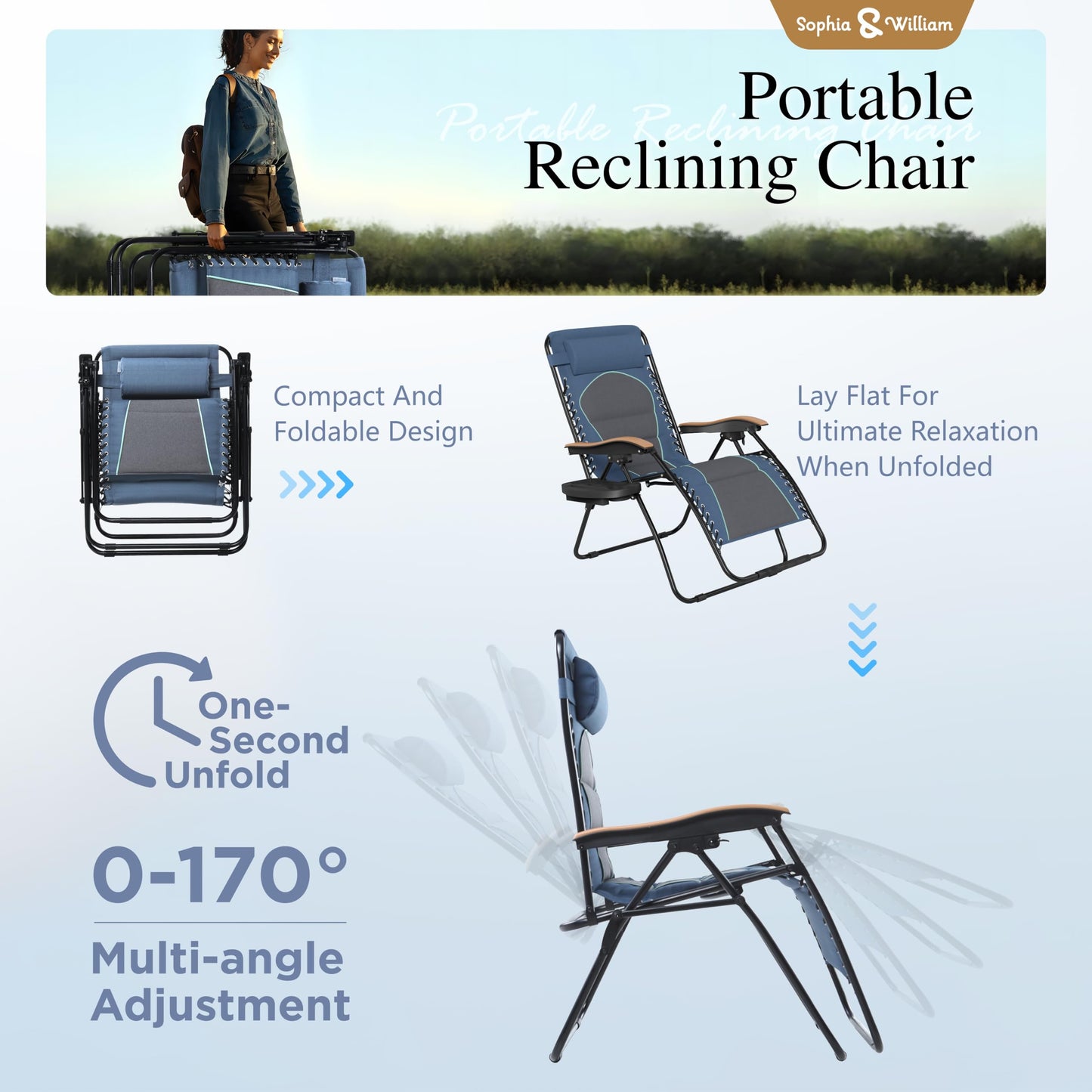 Sophia & William Oversized XXL Zero Gravity Lounge Chair Padded Reclining Lawn Chair Outdoor Gravity Chair with Cup Holder, Support 400 LBS, Blue