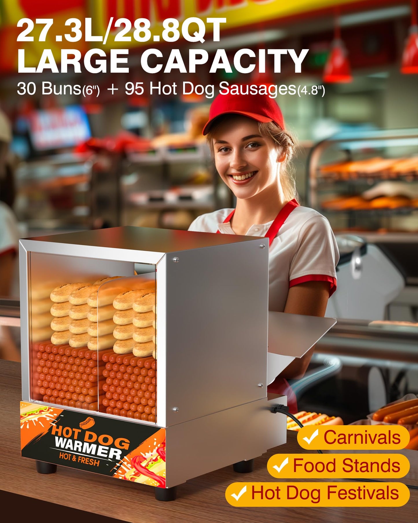 WantJoin Hot Dog Steamer Machine - 28.8QT Commercial Electric Hotdog Machine with Bun Warmer, Tempered Glass Stainless Steel Steaming Machine for 90-105 Sausages and 30-40 Buns