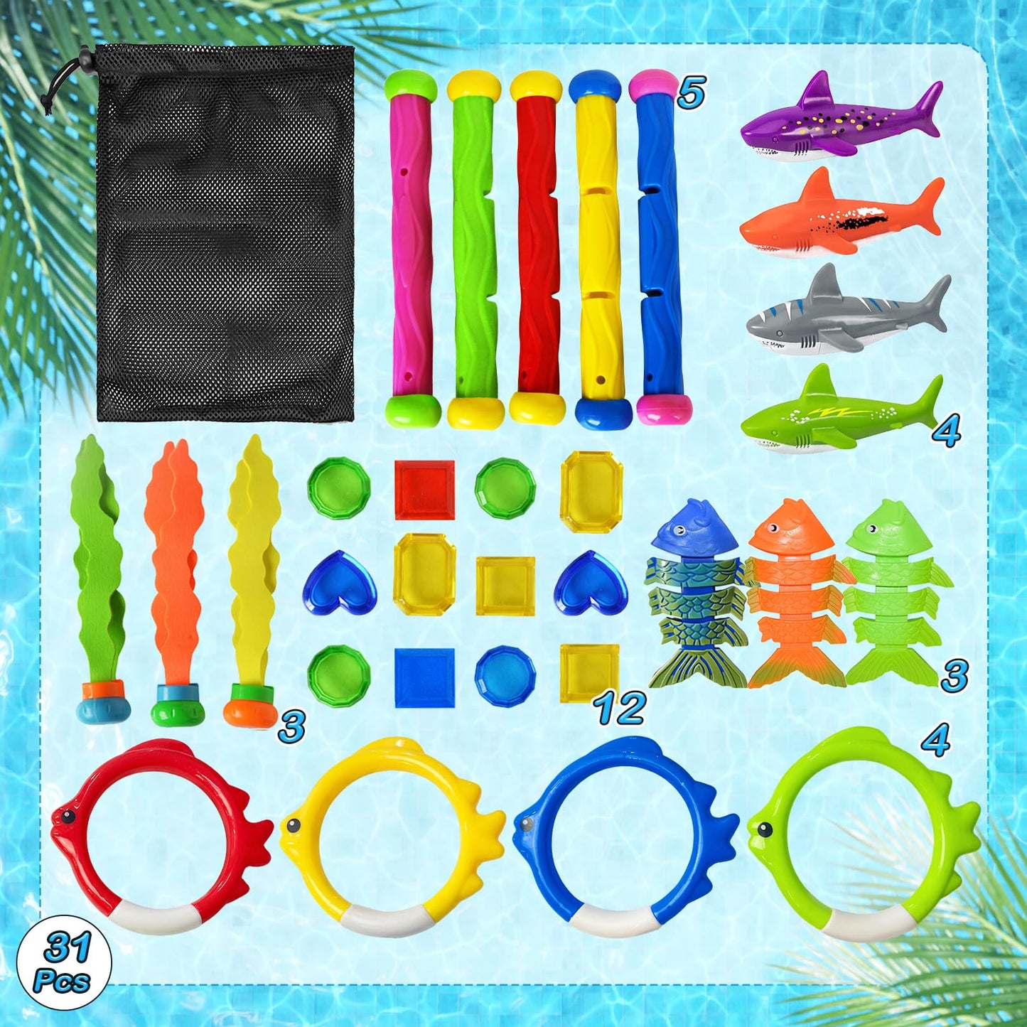 Jasonwell Pool Diving Toys Games - 31 PCS Swimming Pool Toys for Kids Teens with Diving Rings Dive Sticks Underwater Treasures Torpedo Bandits Fish Toy etc Fun Water Swim Toy for Boys Girls Adults