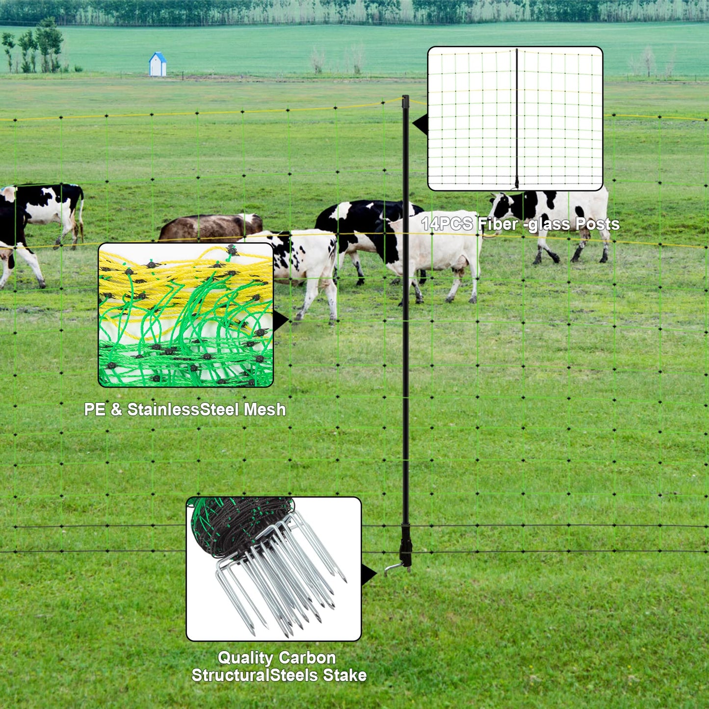 TMEE Electric Goat Sheep Fencing Livestock Netting Fence with 14 Posts, Double Spiked, Portable Mesh for Lambs, Deer, Hogs, Dogs, 35.5" H x 164' L, Green