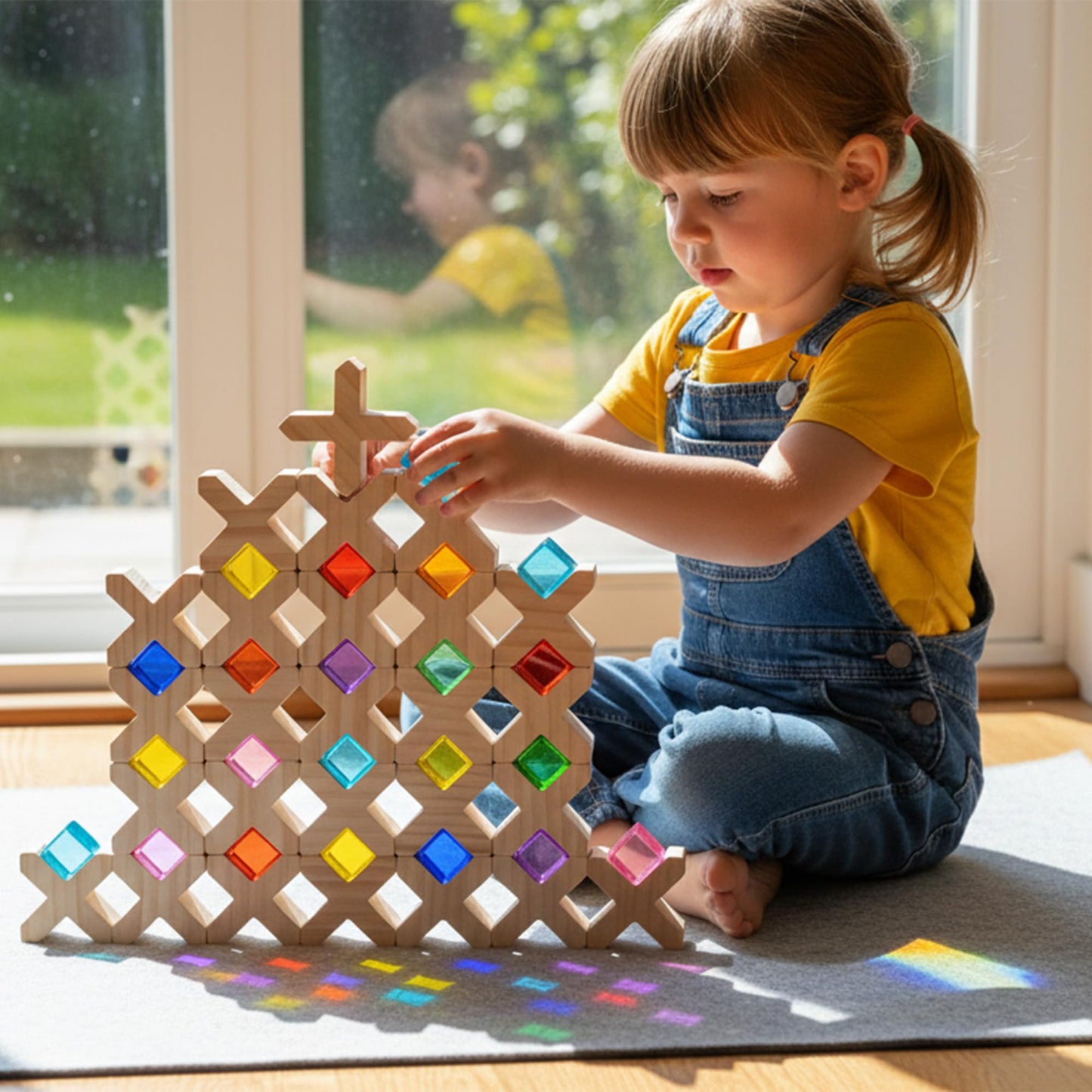Woodtoe Wooden Building Blocks for Kids, 48 PCS Rainbow Acrylic Gem Cubes Blocks - 32 Wooden Blocks, Montessori Stacking Toy for Toddlers, Educational STEM Learning Sensory Toy Gifts for Boy Girl 3-6