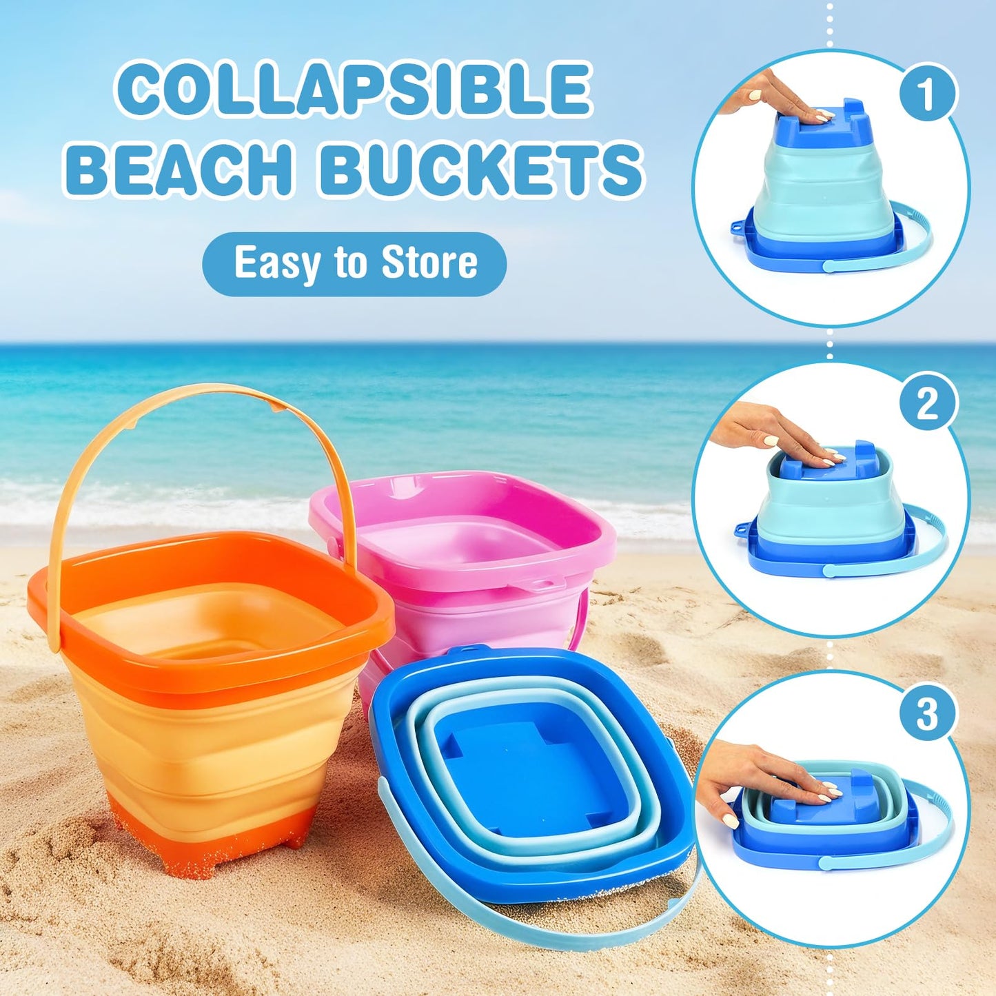 Dreamon Beach Toys for Kids 3-10, Collapsible Sand Castle Toys for Beach Include 3 Pack Foldable Buckets, Shovels Molds and Storage Mesh Bag, Sandbox Travel Toy for Toddlers Kids