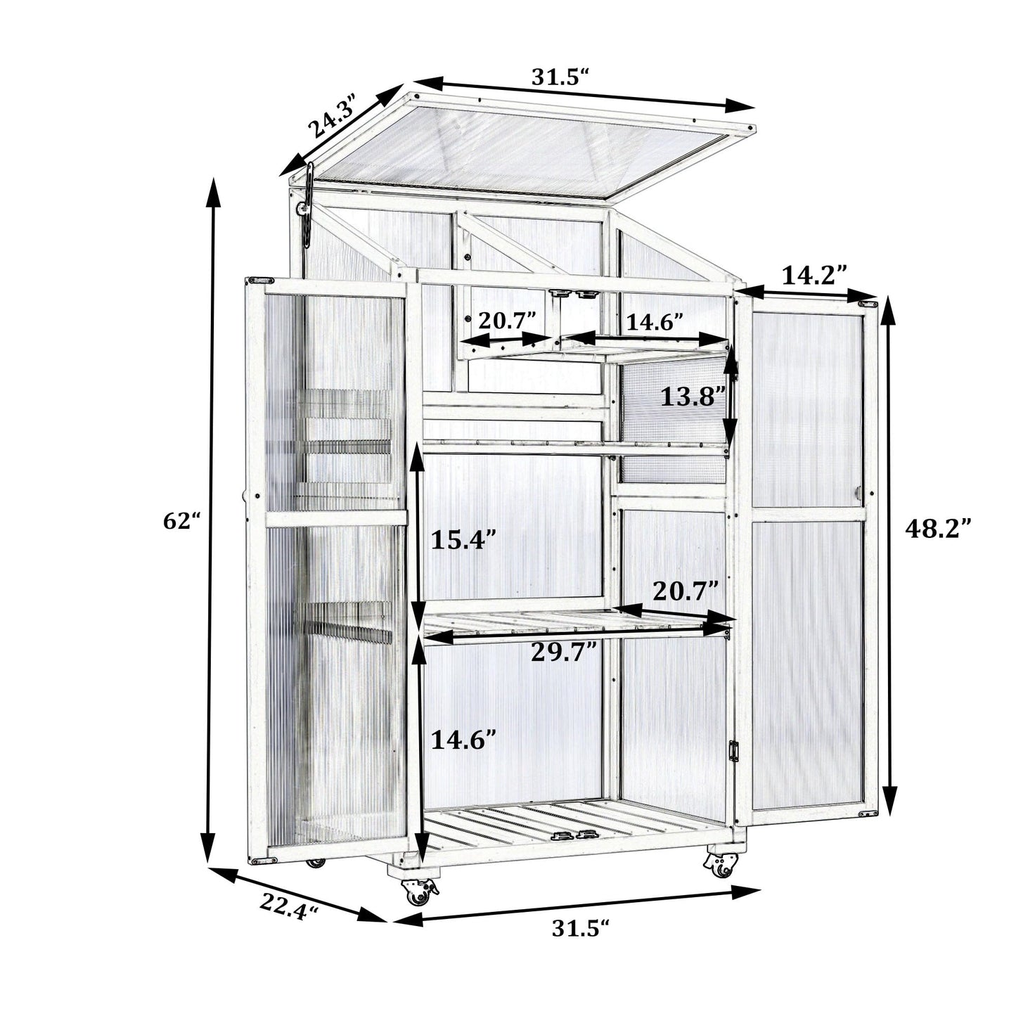 Merax Mini Greenhouse for Outdoors / Indoors, 62 inch Height Portable Wood Cold Frame with Wheels and Adjustable Shelves, Black