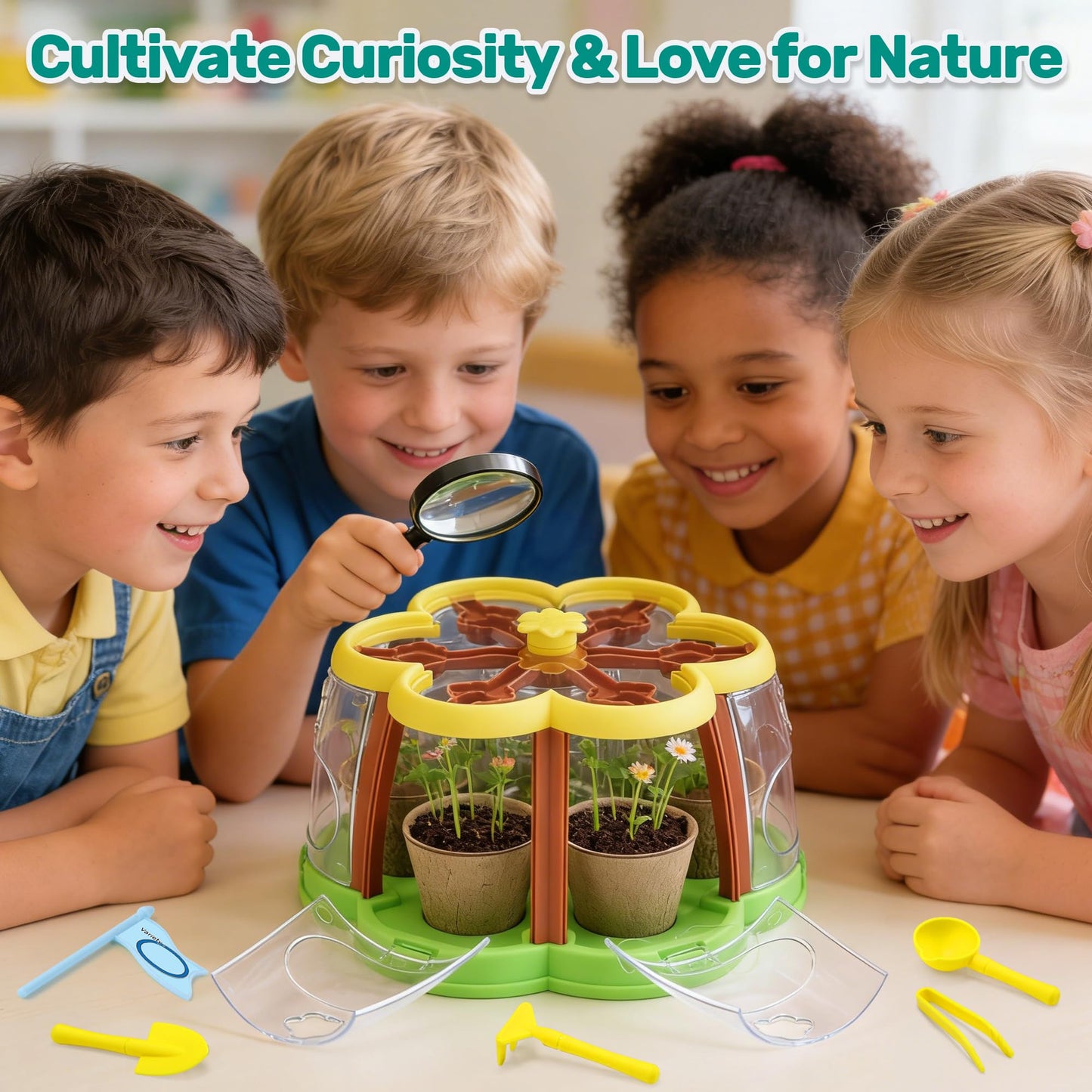 CUTE STONE Kids Gardening Set, Plant Growing Kit with Wheelbarrow, 3 Metal Garden Tools & Kids Grow House with Upgraded Irrigation, Outdoor Indoor STEM Toys for Toddlers 3+