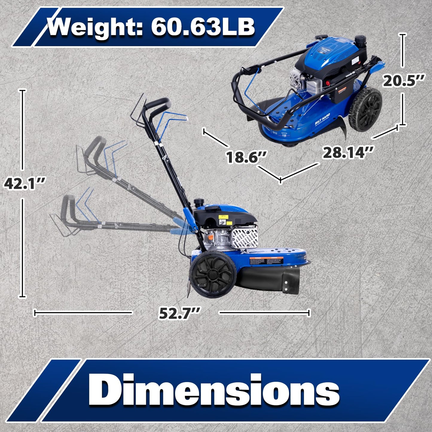 BILT HARD Self-Propelled Walk Behind String Trimmer, 8-Position Cutting Height, 170cc 4-Cycle Gas Brush Hog Mower, 22'' Cutting Diameter, 10'' Flat Free Wheels, Brush Cutter for Lawn, Yard