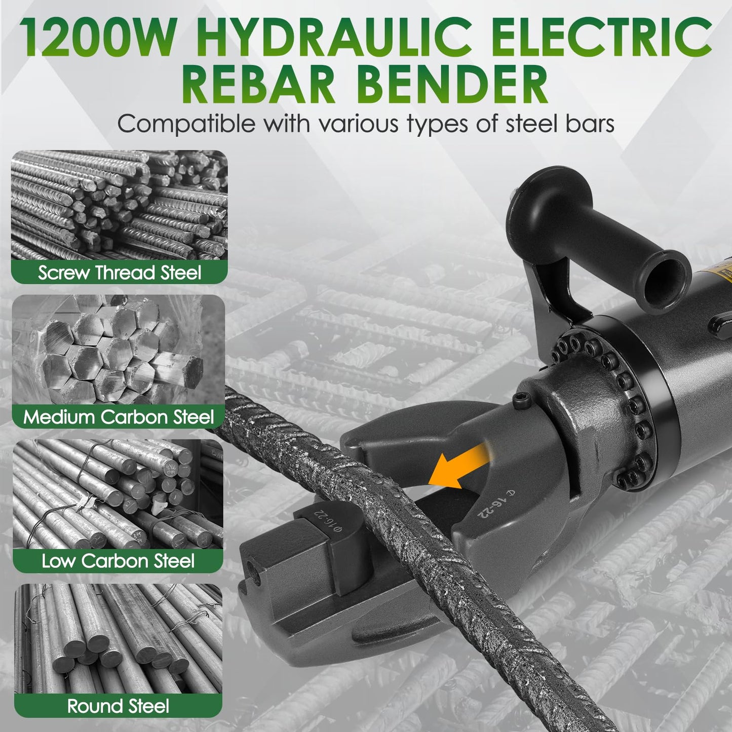 YIXBIZHU 1100W Electric Hydraulic Rebar Bender, 3s Bends for #4–#7 (8–22mm), 0–130° Angle, Lightweight Aviation Aluminum Frame, 110V Rebar Tool for Jobsite, Workshop & Concrete Projects(ZB-22)