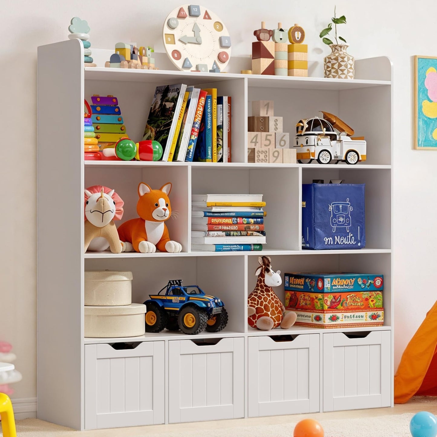 Gizoon Toy Storage Cabinet and Kids Bookcase with 4 Movable Drawers and 8 Open Shelves Toy Chest Shelf Organizer with Hidden Wheels for Playroom Nursery Kids Room, White