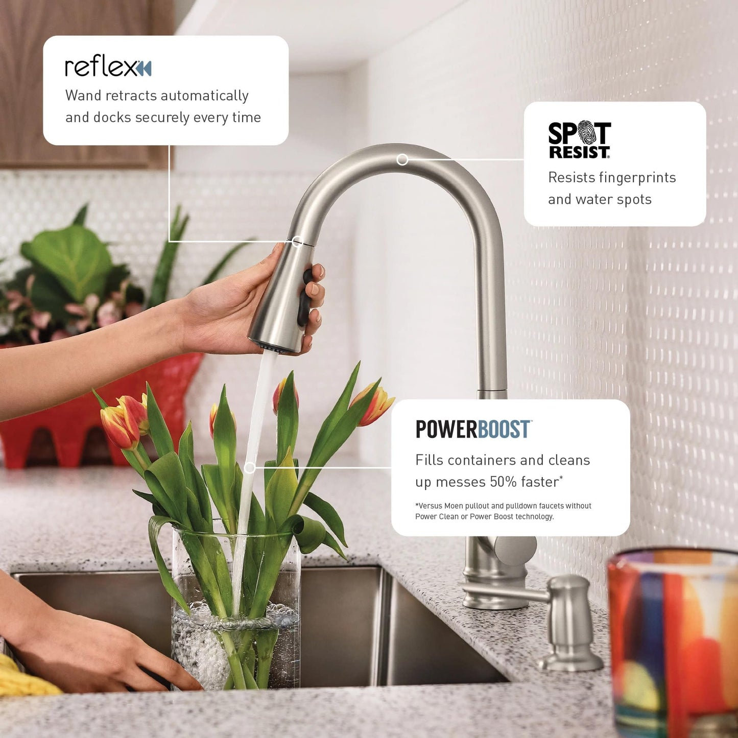 Moen Genta LX One-Handle Modern Kitchen Faucet with Pull Down Sprayer, Reflex Docking Head, and Power Boost for a Faster Clean, Spot Resist Finish, 7882SRS