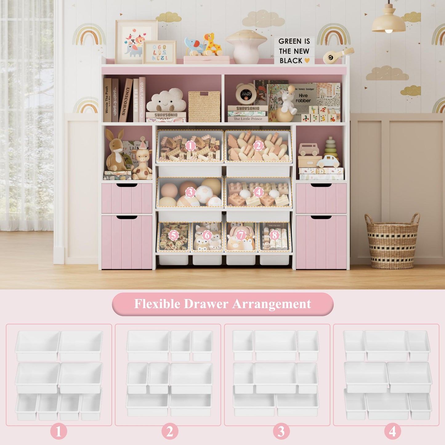 HORSTORS 55" W Toy Storage Organizer with Drawers, Large Kids Toy Storage Box with Removable Bins, Tall Kids Bookshelf and Bookcase for Boys and Girls, Modern Toy Chest for Playroom, Classroom, Pink