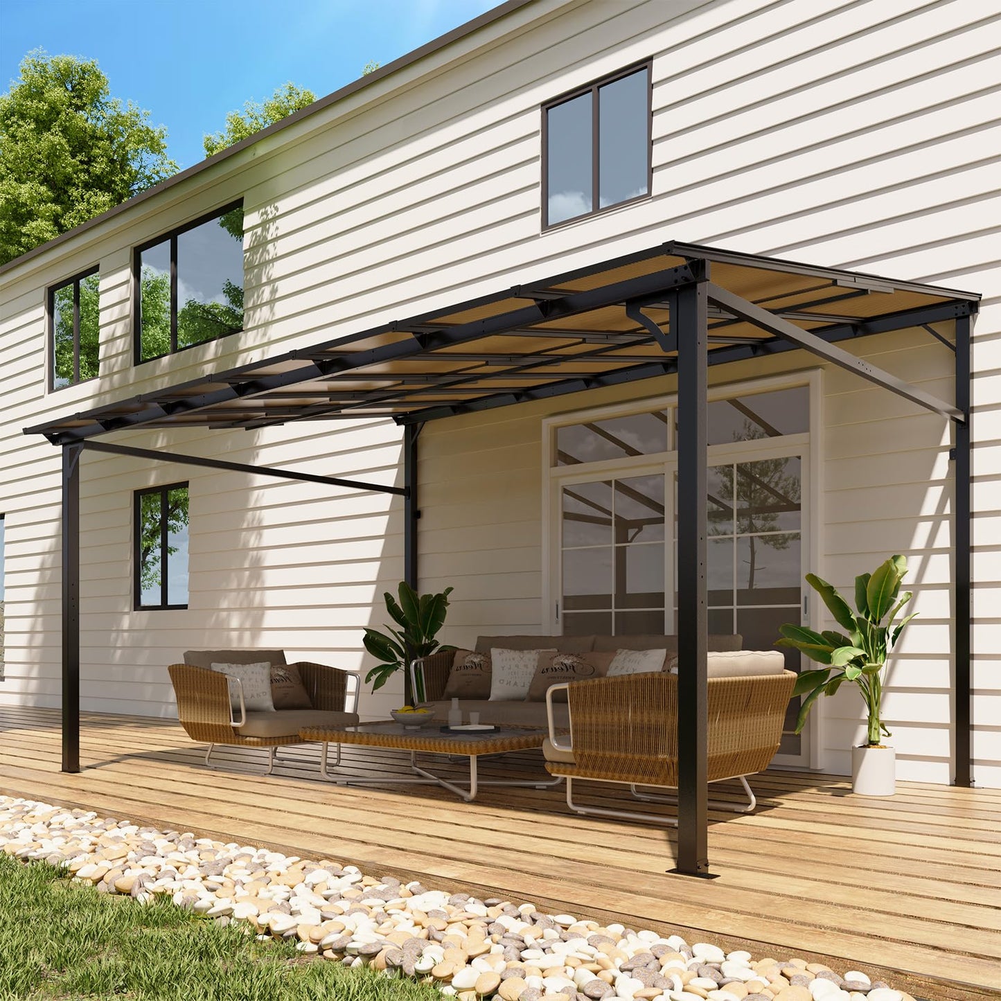 10x14 FT Heavy Duty Wall Mounted Gazebo Pergola,All-Weather Lean to Gazebo with 6mm Anti-UV Polycarbonate Roof & Pre-Drilled Post Bases,Metal Frame Awning,Hard Top Gazebos for Outdoor Deck & Backyard