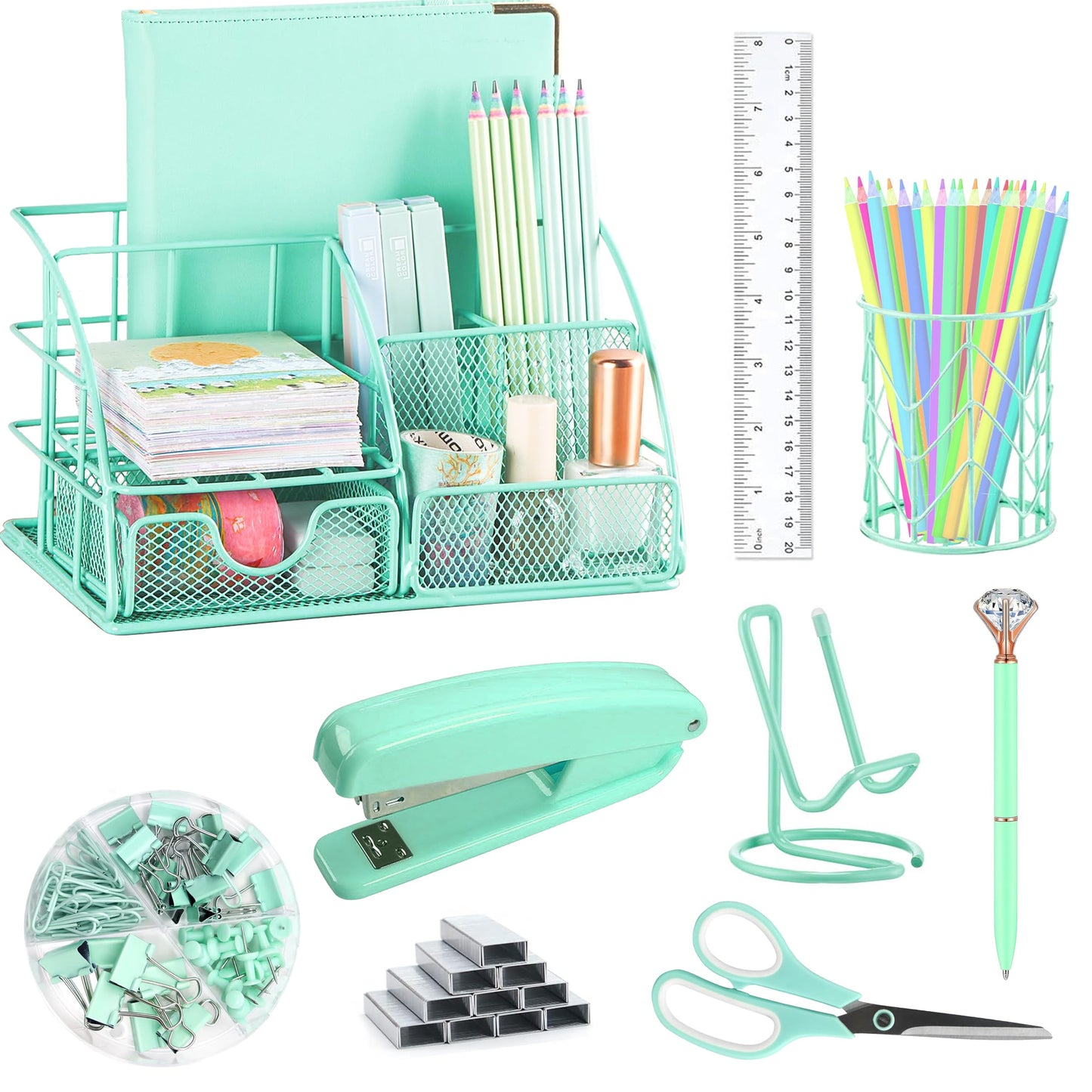 Gold Desk Organizers and Accessories Office Supplies Set Stapler, Pen Holder, Phone Holder, Scissors, Pen, Ruler, 30 Paper Clips, 22 Binder Clip, 20 Tacks and 1000pcs Staples (Gold)