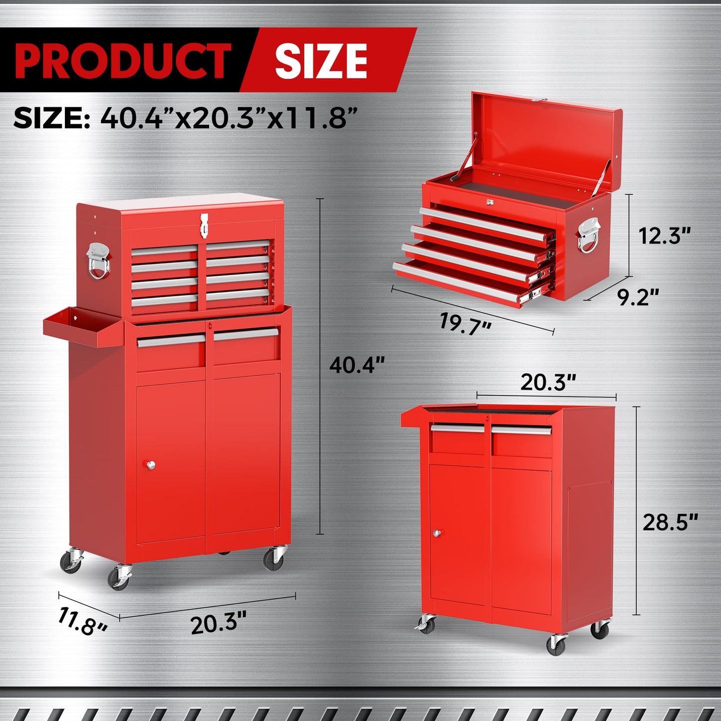 Patiomore 5-Drawer Rolling Tool Chest - Heavy-Duty Steel Tool Cabinet with Detachable Top Box, Locking Wheels & Security System for Garage/Workshop, 2-in-1 Design (Red)