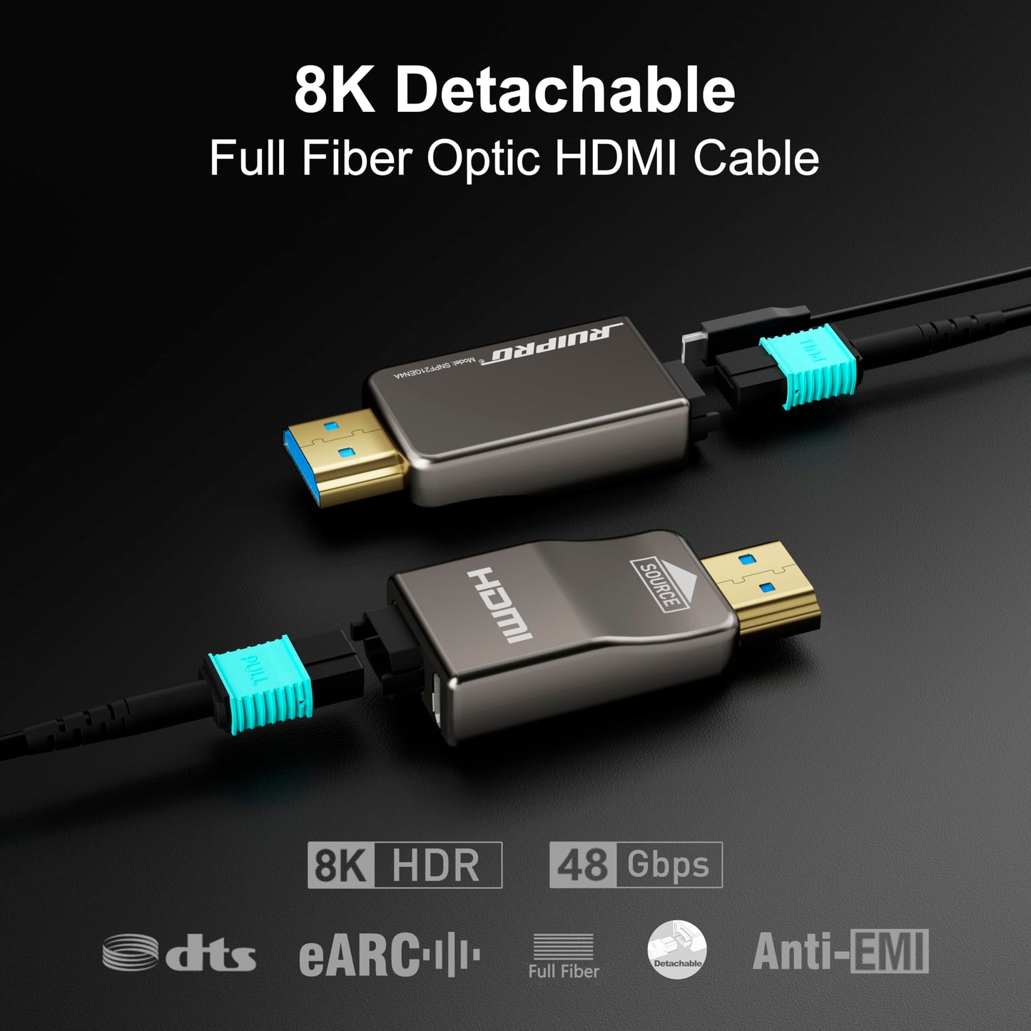 RUIPRO 8K Detachable Full Fiber Optic Armored HDMI 2.1 Cable 33FT, Ultra High Speed 48Gbps, Support 8K@60Hz 4K@120Hz, Dynamic HDR, eARC, Compatible with PS5/Xbox/Blu-ray/TV/Monitor/Projector