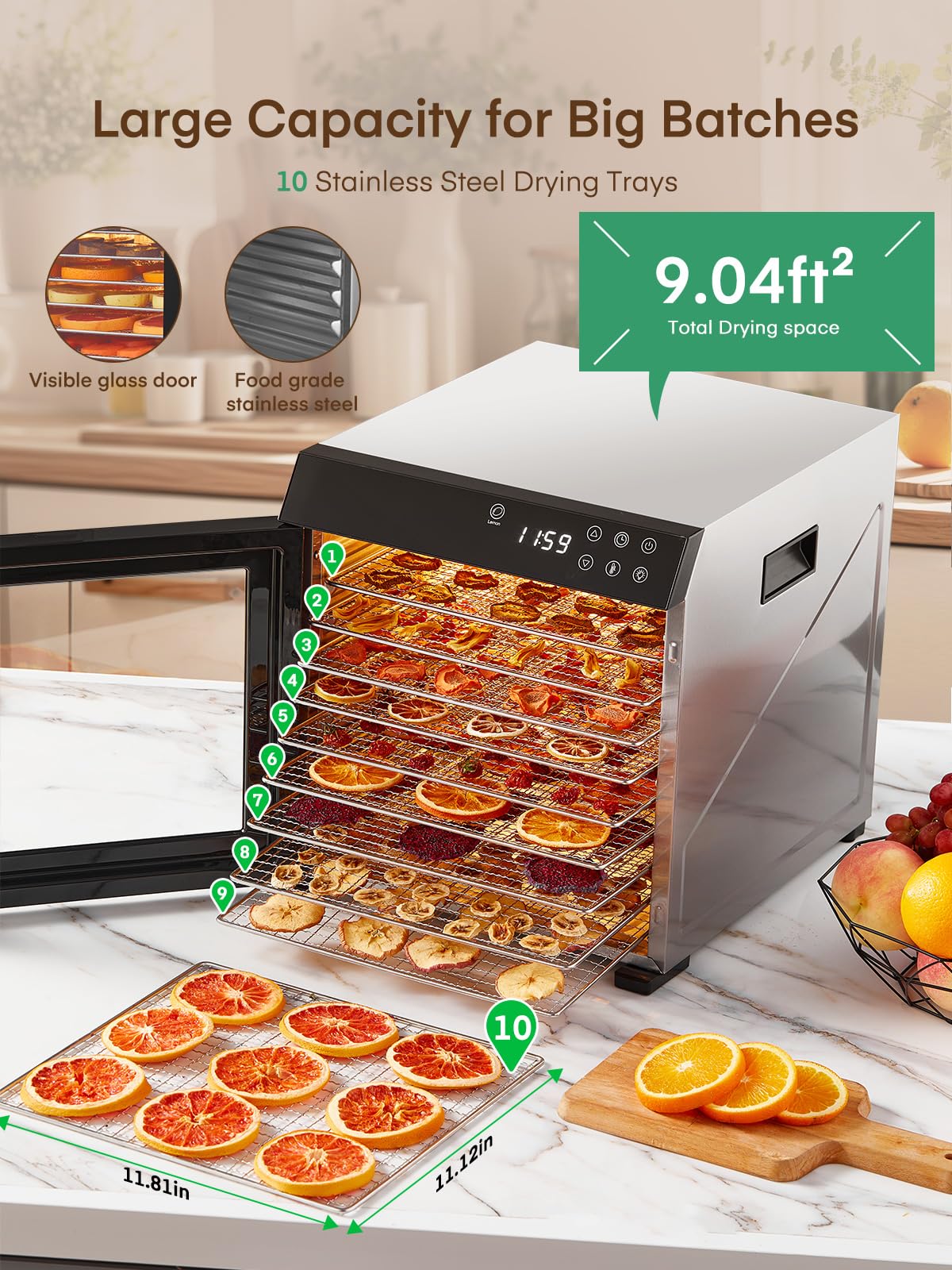 FOHERE Food Dehydrator for Jerky 1000W, 10 Trays With Large 9.04ft² Drying Space,176°F Temperature Control, Digital Adjustable Timer, Light, Dryer Machine for Dog Treats,Herbs, Meat, Fruit, and Yogurt