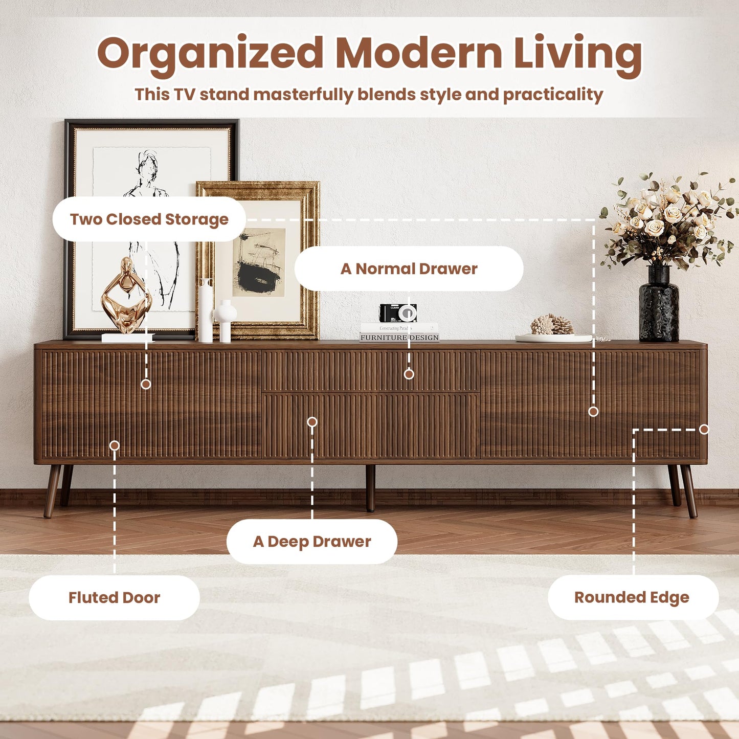 Merax 70 inch Fluted TV Stand with Storage Drawers and Cabinets for TVs up to 80", Modern Entertainment Center with Cable Management, Solid Wood Legs, Soft-Close Hinges, for Living Room, Walnut