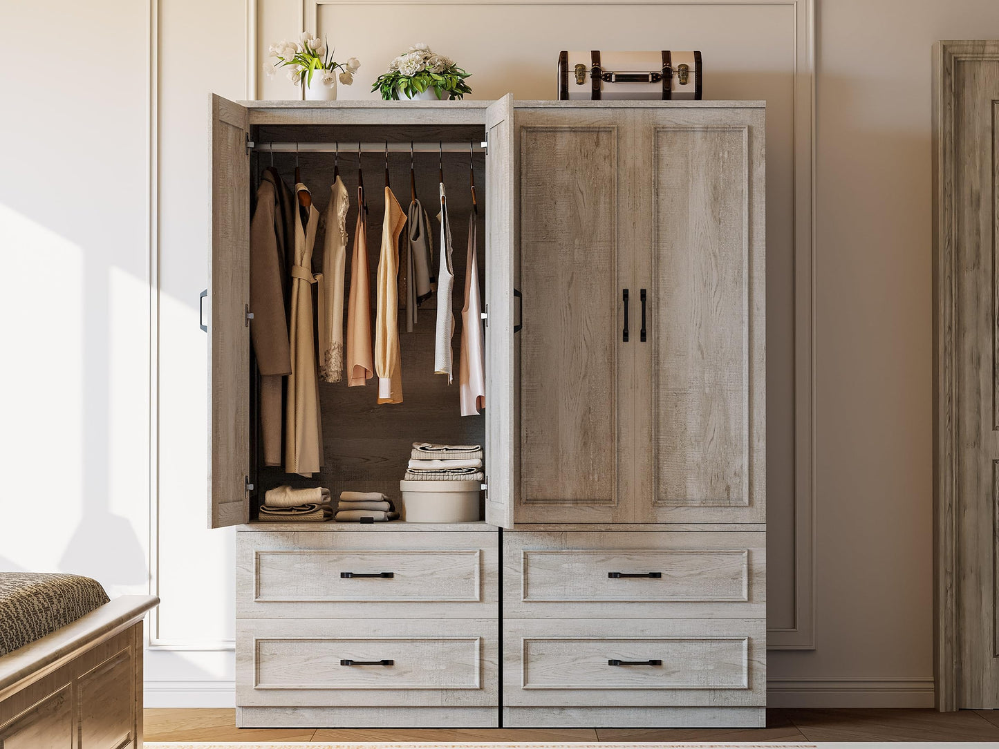 LIKIMIO Armoire Wardrobe Closet with 2 Doors and 2 Drawers 70" H x 28" W Wooden Bedroom Freestanding Wardrobe Combination for Hanging Clothes, Rustic Maple