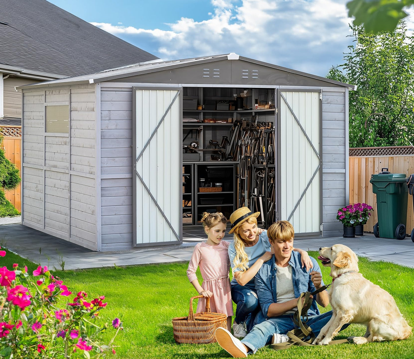 AEMSOFK 10x8 FT Wood Storage Shed, Large Outdoor Storage Shed with Lockable Door, Window and Vents,Outside Waterproof Wooden Metal Tool Storage for Garden, Patio, Lawn, Backyard (Gray)