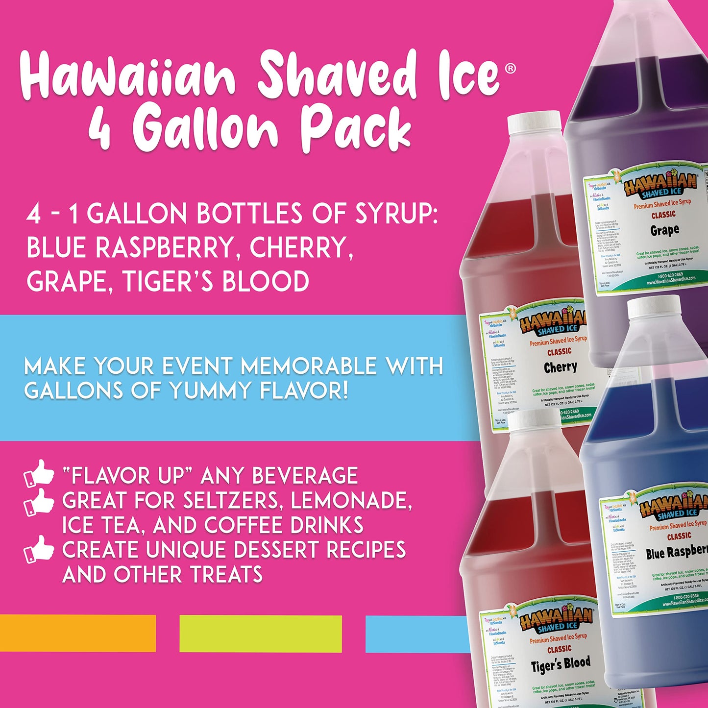 Hawaiian Shaved Ice Syrup Gallon 4-pack, Cherry, Grape, Blue Raspberry & Tiger’s Blood, for Slushies, Italian Soda, Seltzers, Popsicles, & More, No Refrigeration Needed, Allergy-friendly