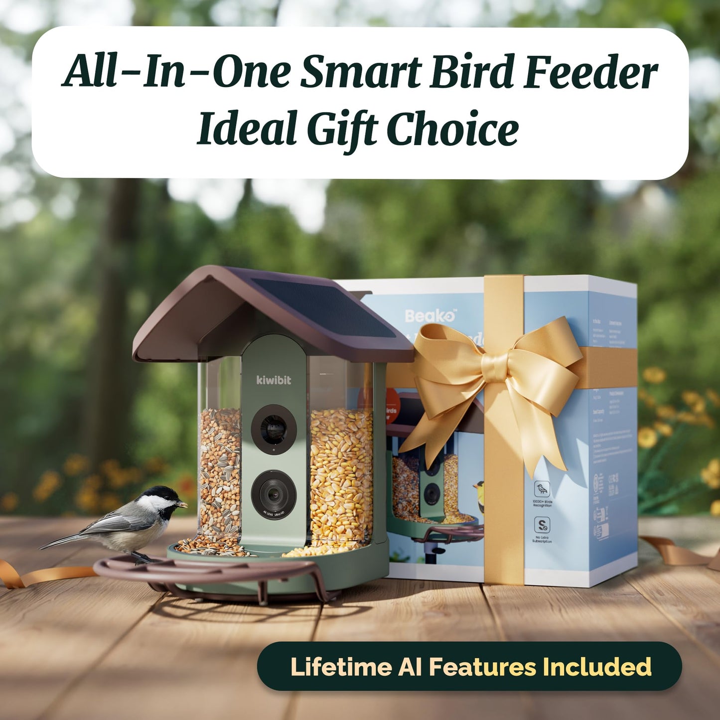 Beako™ Smart Bird Feeder with 4K Camera - Lifetime AI Bird Species Identification, No Subscription Required, 8MP Live Stream & Photos, Auto Capture, Real-Time Notifications, Solar Powered for Outdoors