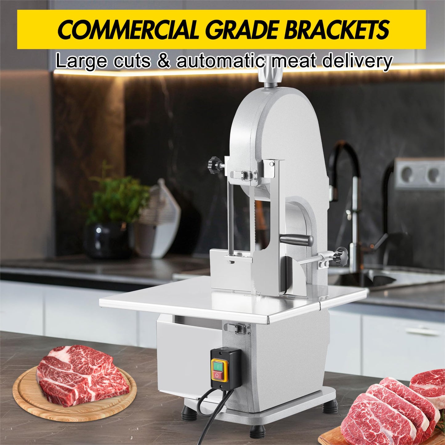  1100W Commercial Electric Meat & Bone Band Saw with Stainless Steel Table (19.3"x15"), Adjustable Thickness 0.16-7.9", Frozen Meat Cutter Includes 5 Blades – Ideal for Butcher Shops, Restaurants, Ho
