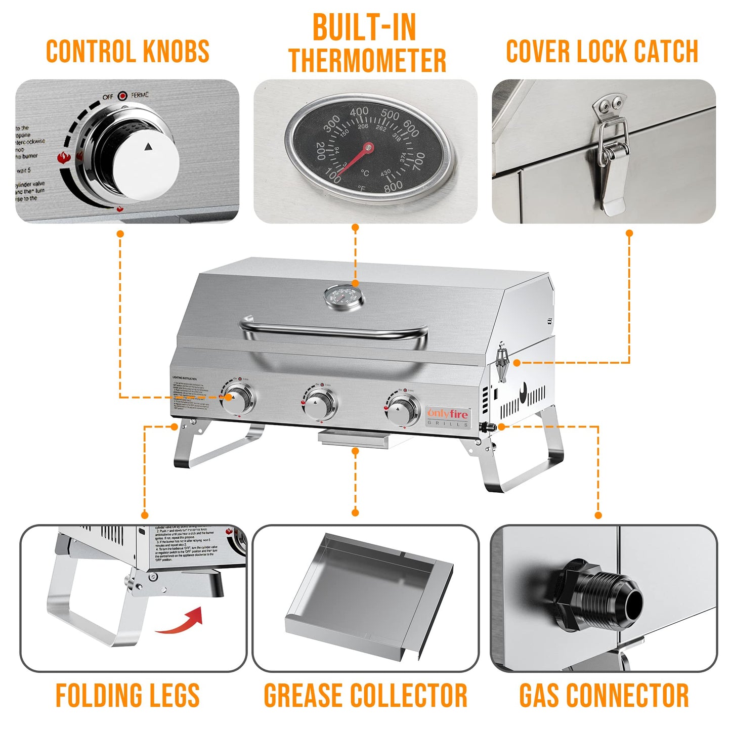 Tabletop Gas Grill 3 Burners, Portable Propane BBQ Grill with Foldable Legs & 22" Stainless Steel Grate for Outdoor Patio Backyard Barbecue, Camping Tailgating RV, 24000BTU High Output, Classic GS307