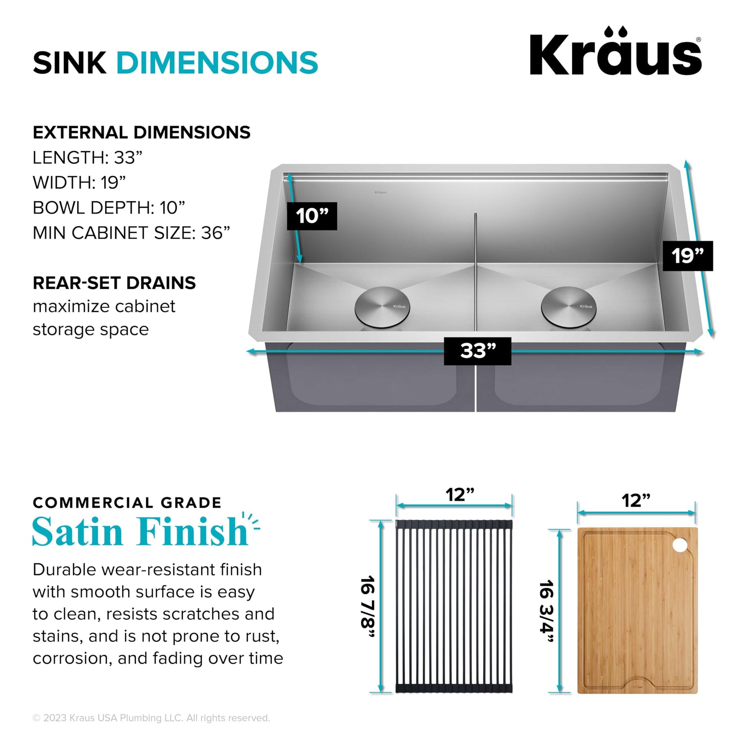 KRAUS Kore 33-Inch Undermount Workstation 16 Gauge Double Bowl Stainless Steel Kitchen Sink with Accessories, KWU112-33