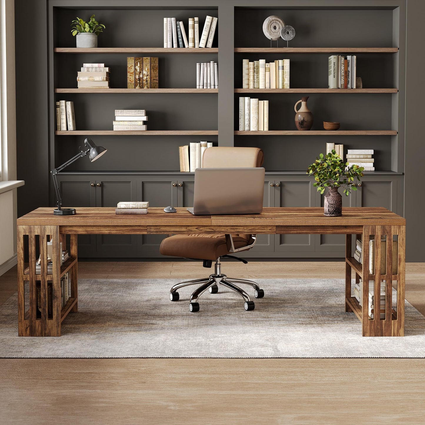 LITTLE TREE 78.7" Long Desk, 2 Person Desk with Shelves, Large Wooden Computer Desk, Heavy Duty Shelf Legs Design for Two Person Home Office, Business, Workstation, Brown (78.7" W x 23.6" D)