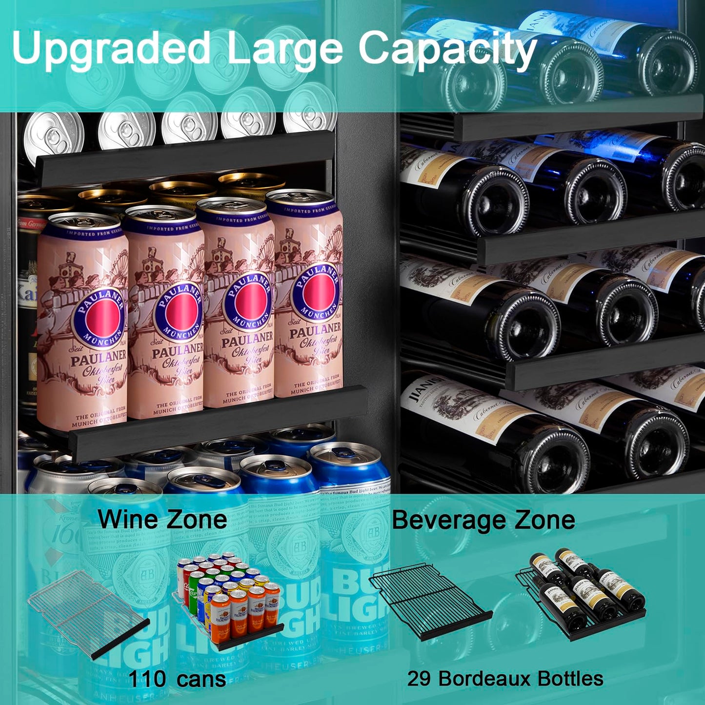 Velieta 30 Inch Wine and Beverage Refrigerator, Upgrade Dual Zone Wine Cooler, 30'' Wine beverage Fridge Built in or Freestanding Under Counter Large Capacity Glass Door Advanced Cooling System,Black