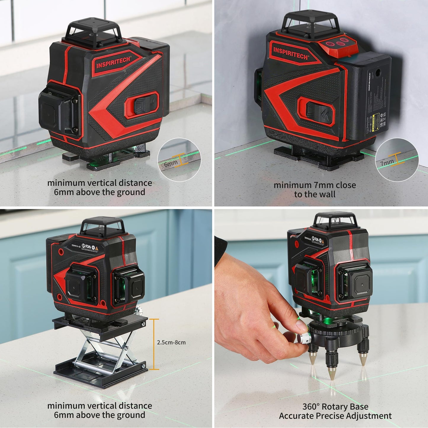 INSPIRITECH Tile Laser Level 360 Self Leveling - Floor 4 x 360 Green Beam Cross Line Laser Leveler Tool - 16 Lines Ceiling Nivel Laser for Construction - Hard-Sided Case and 2 Batteries-C
