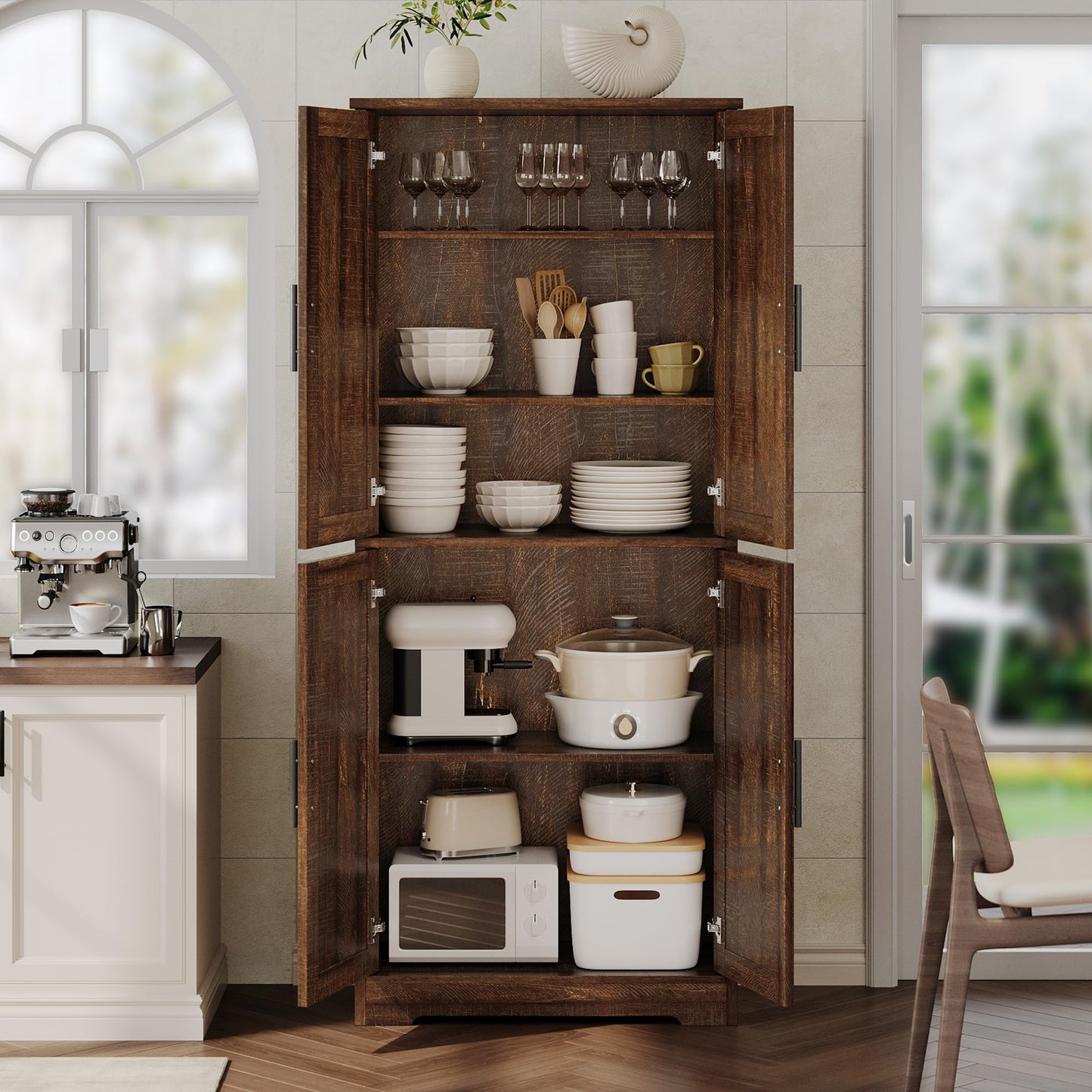 GarveeLife 70" Tall Kitchen Pantry,Farmhouse Storage Cabinet with Adjustable Shelves,Farmhouse Pantry Cabinet with 4 Barn Doors, for Kitchen,Dining Room,Living Room.(Rustic Brown)