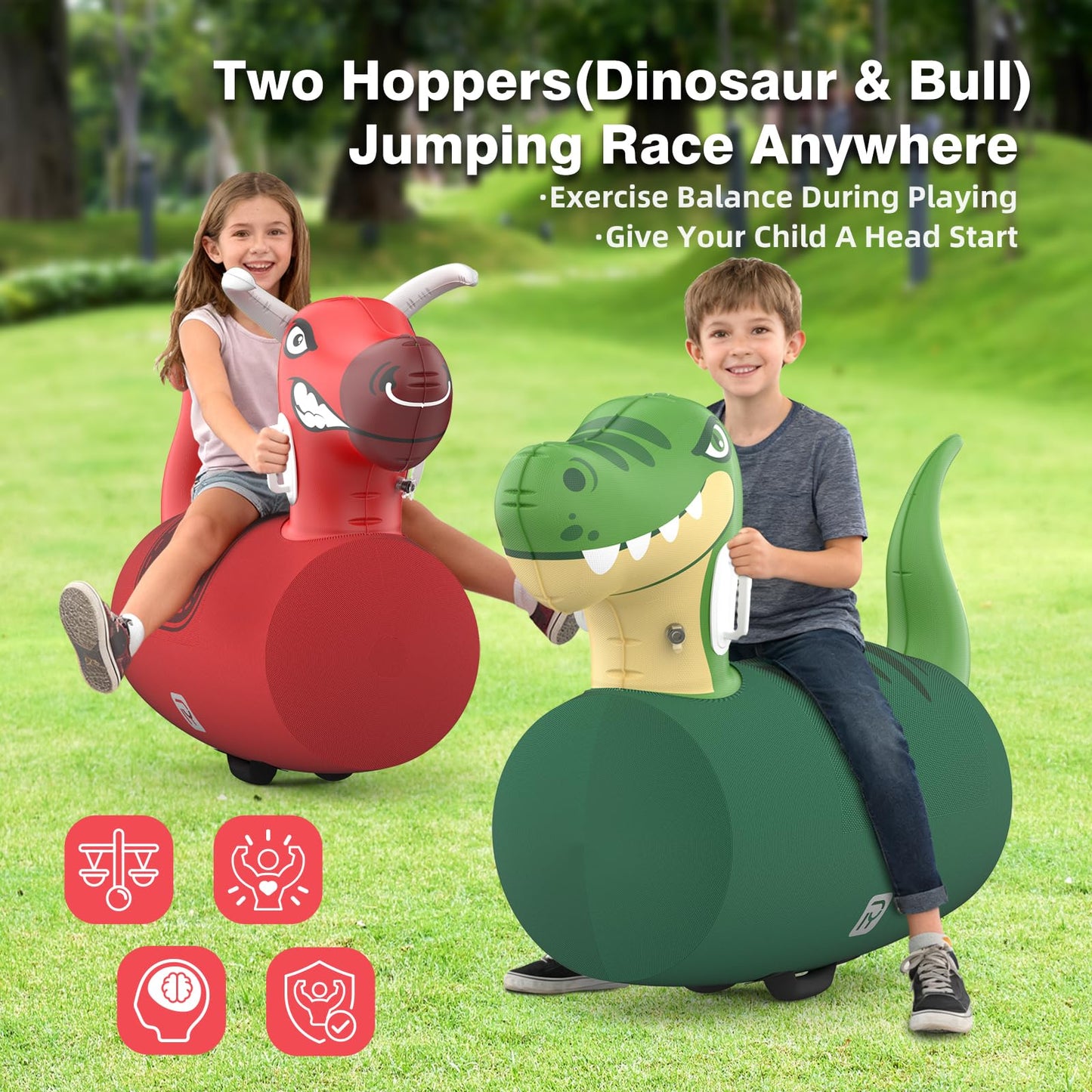 POVYRE Kids Boys Outdoor Toys, 2 PCS Giant Inflatable Dinosaur Bull Toys Bouncy Hopper with Pump, Ride-on Jumping Animal for Indoor Outdoor Play, 220 lbs Capacity, Gift for Ages 5+
