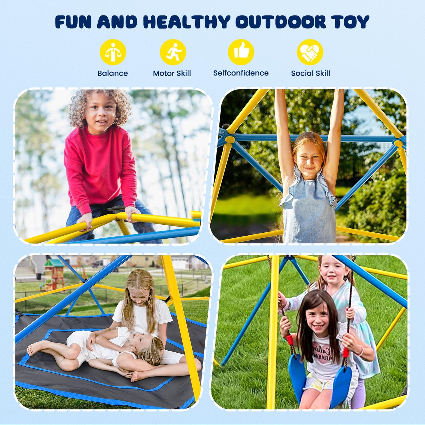 Hapfan Jungle Gym, 10ft Climbing Dome with Hammock and Swing, Outdoor Play Equipment with Monkey Bars for Kids 3-12, Supports 800LBS Backyard Climbing Toys