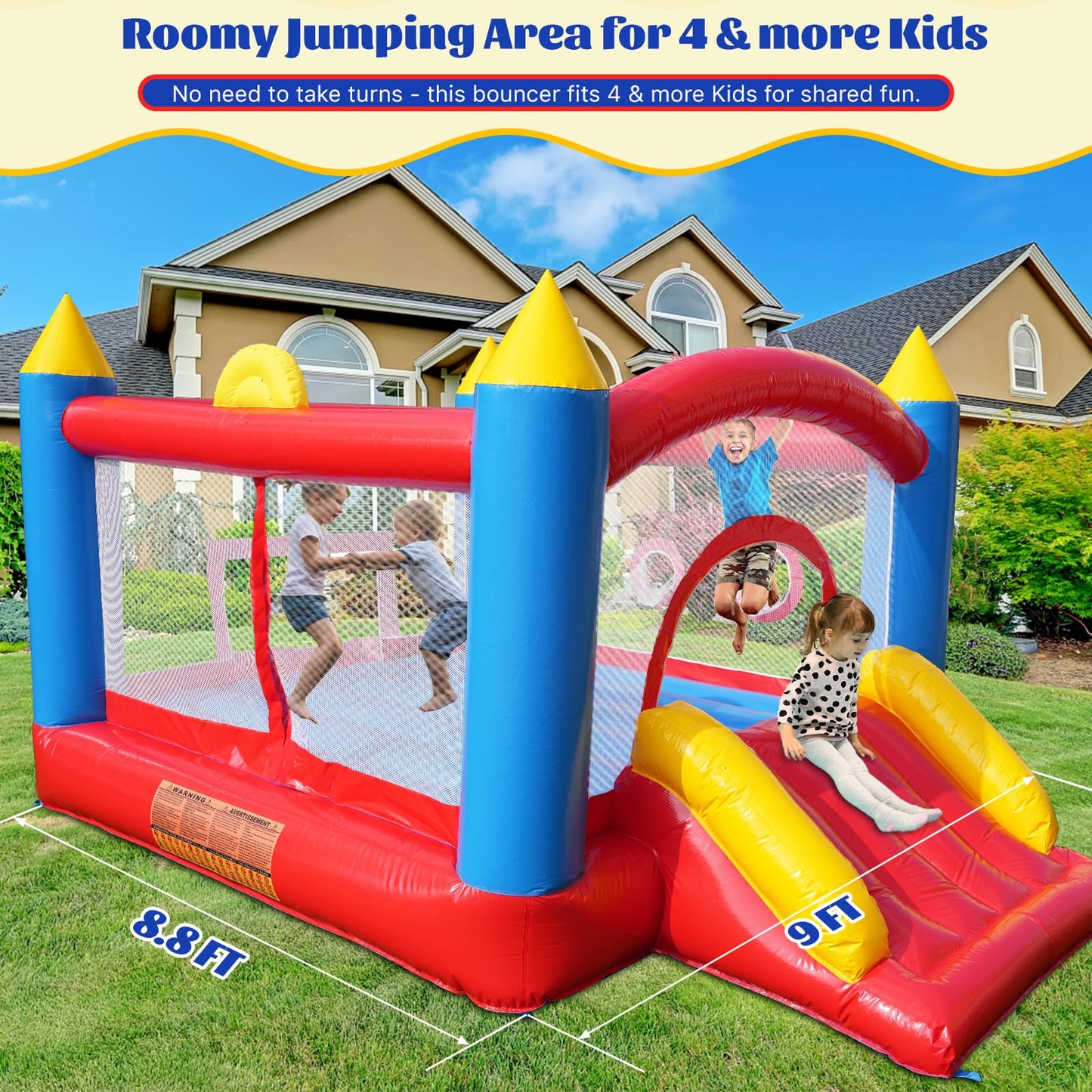 Hongcoral PVC Bounce House, Heavy-Duty Jumping Castle with Large Slide, 450LBS Capacity, Inflatable Bouncer with Blower - for Kids' Indoor & Outdoor Fun