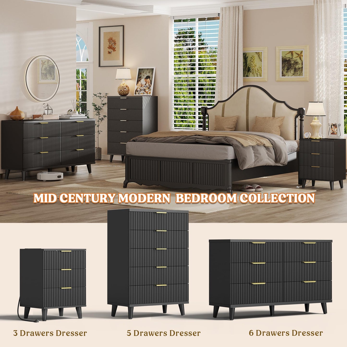 Lulive Wood 3 Drawers Dresser Fluted Night Stand with Charging Station, Natural Nightstand 3 Storage Drawers Dresser Modern Side Table, Bedside Table for Bedroom