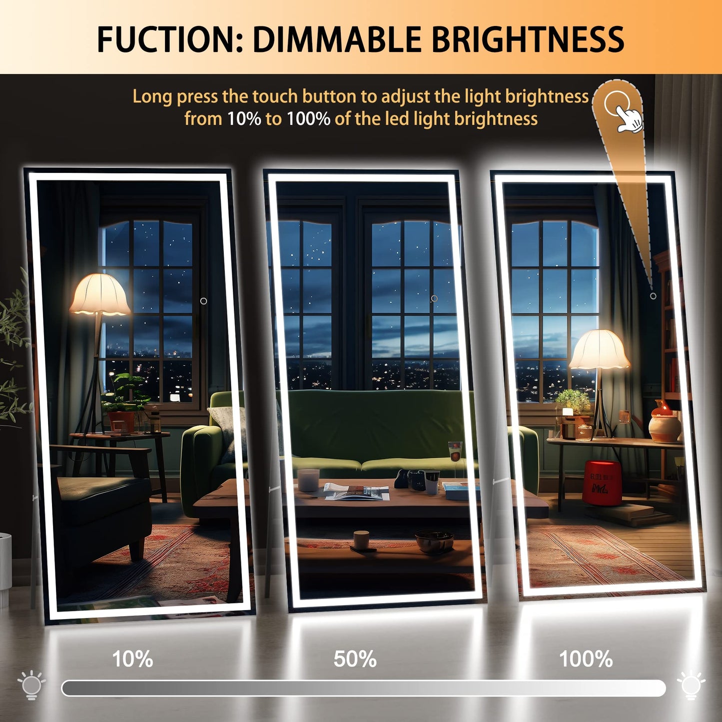 Hasipu Oversized 79” x 32" Full Length Mirror with Lights, LED Lighted Floor Standing Mirror, Full Body Dressing Hanging Mounted Mirrors, Dimmable, Tempered Glass, Safe to Use, Square Black
