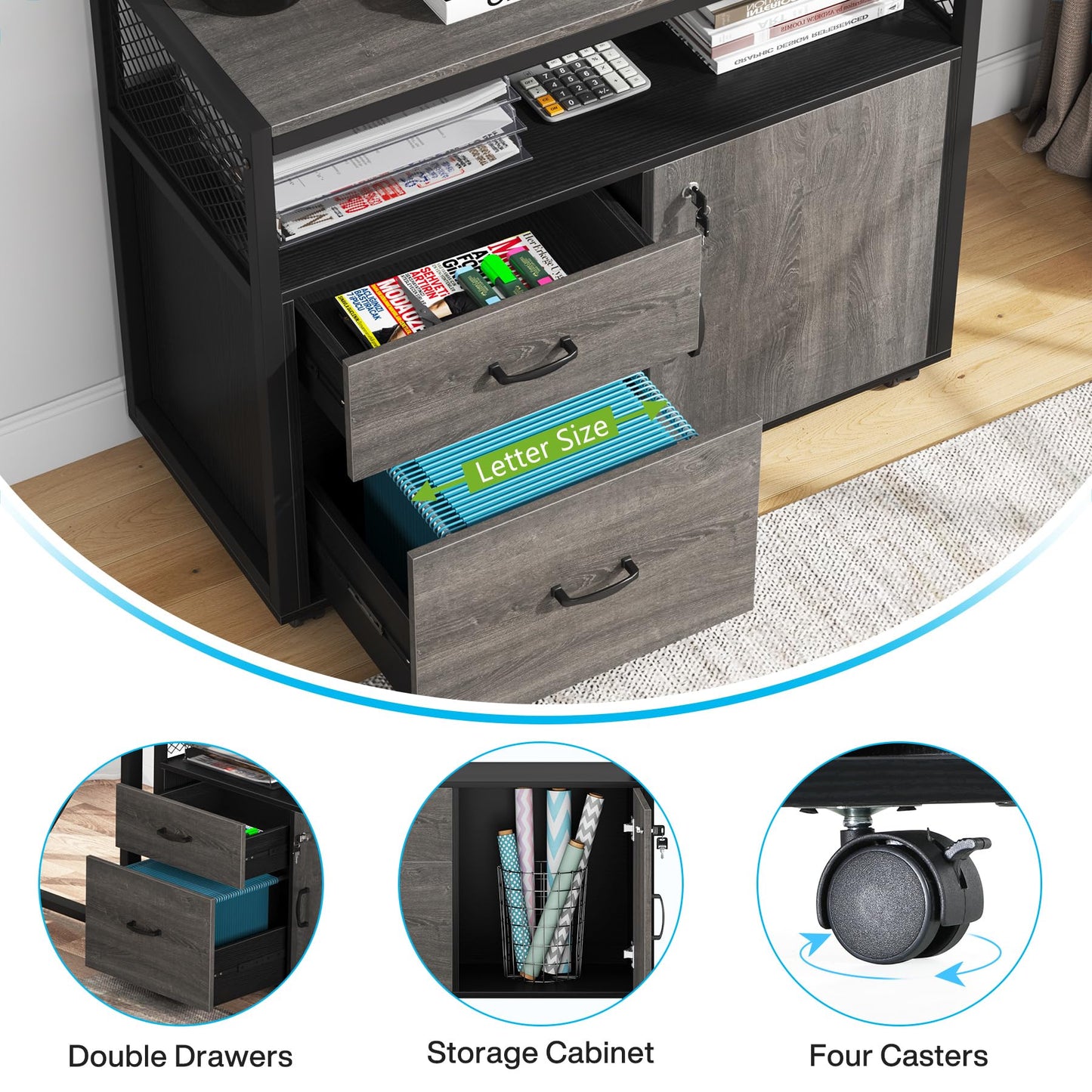 Tribesigns Modern File Cabinet with Drawers for Letter-Sized File and Door, Lockable lateral Filing Cabinet Printer Stand with Storage Shelves and with Rolling Caster for Home Office (Gray)