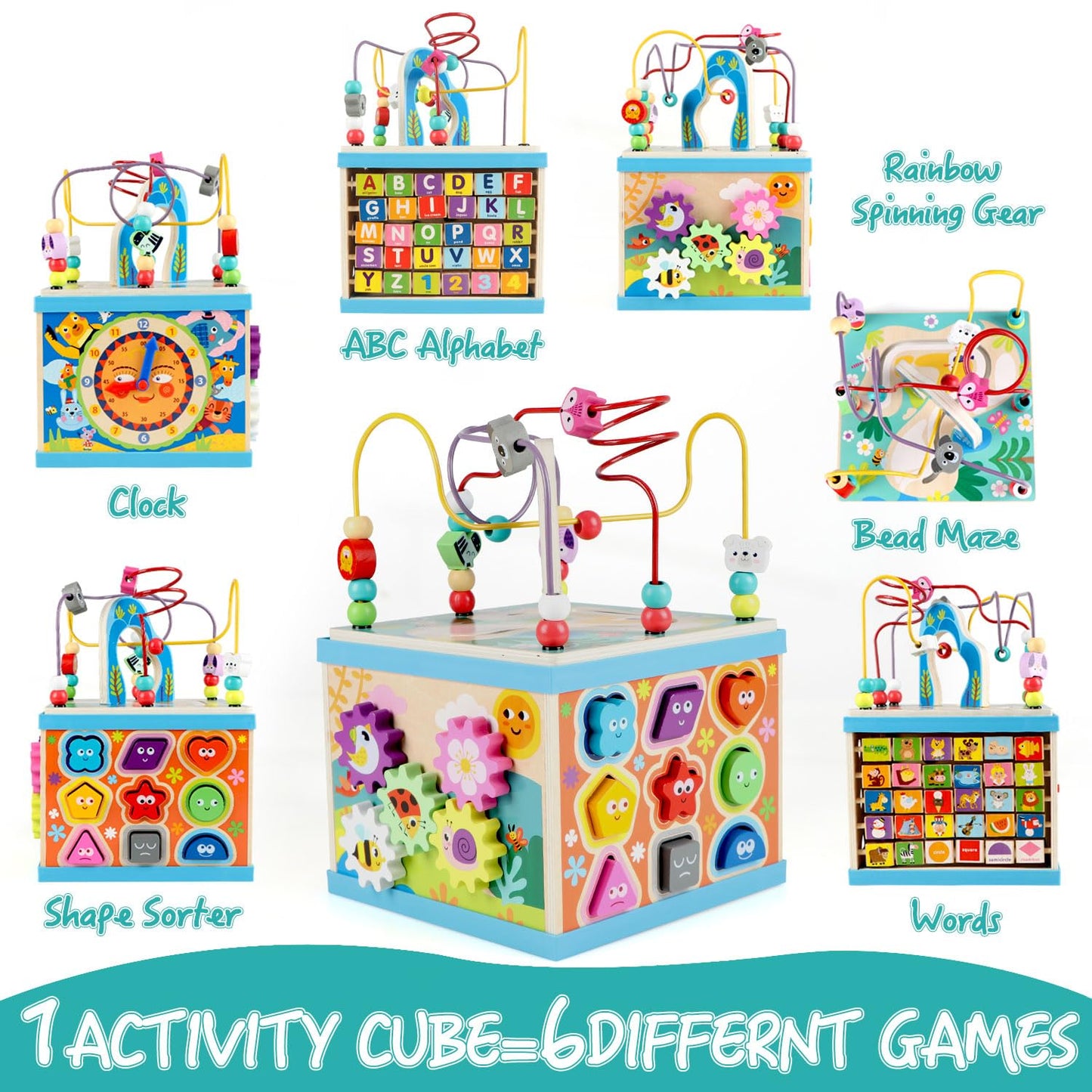 Qilay Wooden Activity Cube for Toddlers, 5 in 1 Multipurpose ABC-123 Abacus Early Educational Montessori Toys, Learning Toys for 3 Year Old | Bead Maze, Great for Boys Girls