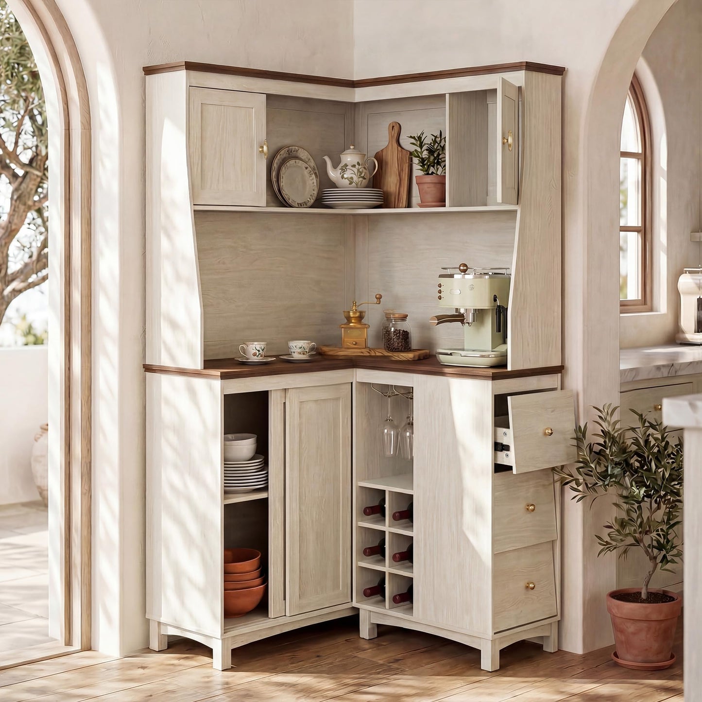 STO’Sense 71" Tall Corner Cabinet w/Charging Station,L-Shaped Kitchen Pantry Storage Cabinet w/3 Drawers,Countertop,Wine Rack,Shelves,Glass Holder&Sliding Door, Large Microwave Stand Hutch, Antique