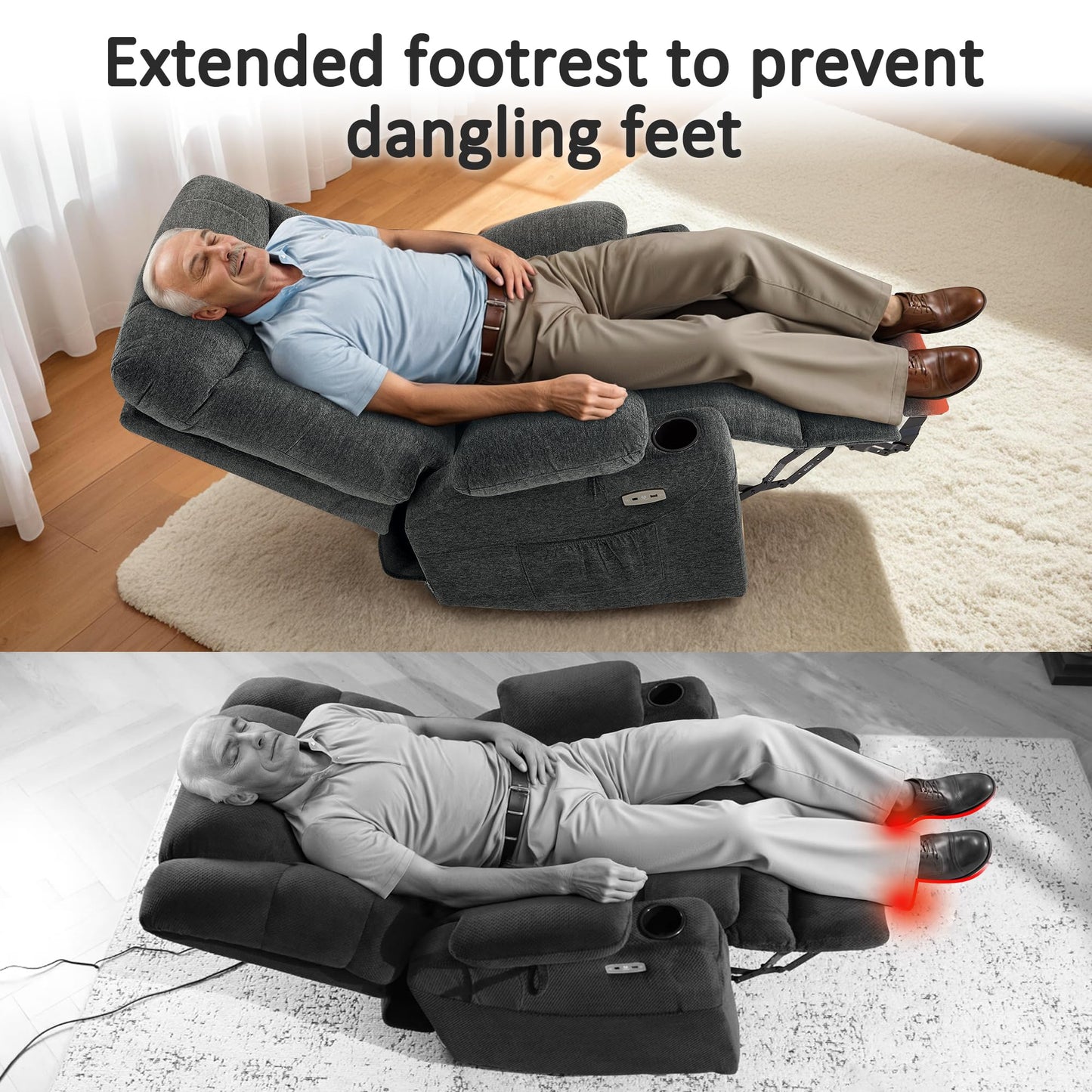 MCombo Power Lift Recliner Chair with Extended Footrest for Elderly People, Fabric 7283 (Dark Gray, Large)