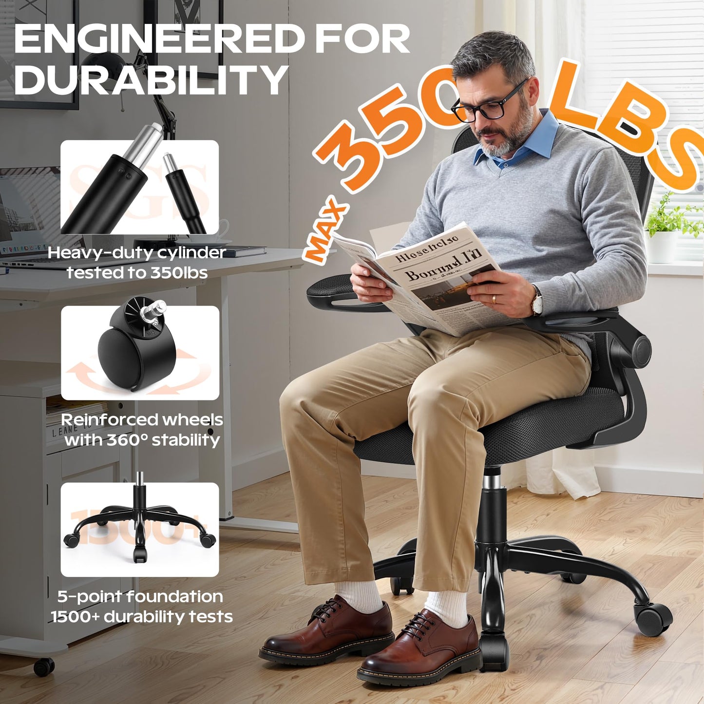 Ergonomic Office Chair 2026 - Mesh Desk Chair with Flip-up Armrests, Adjustable Height and Lumbar, 360° Swivel Comfortable Computer Chairs for Home, Conference Room, Reception, Max 350lbs, Black
