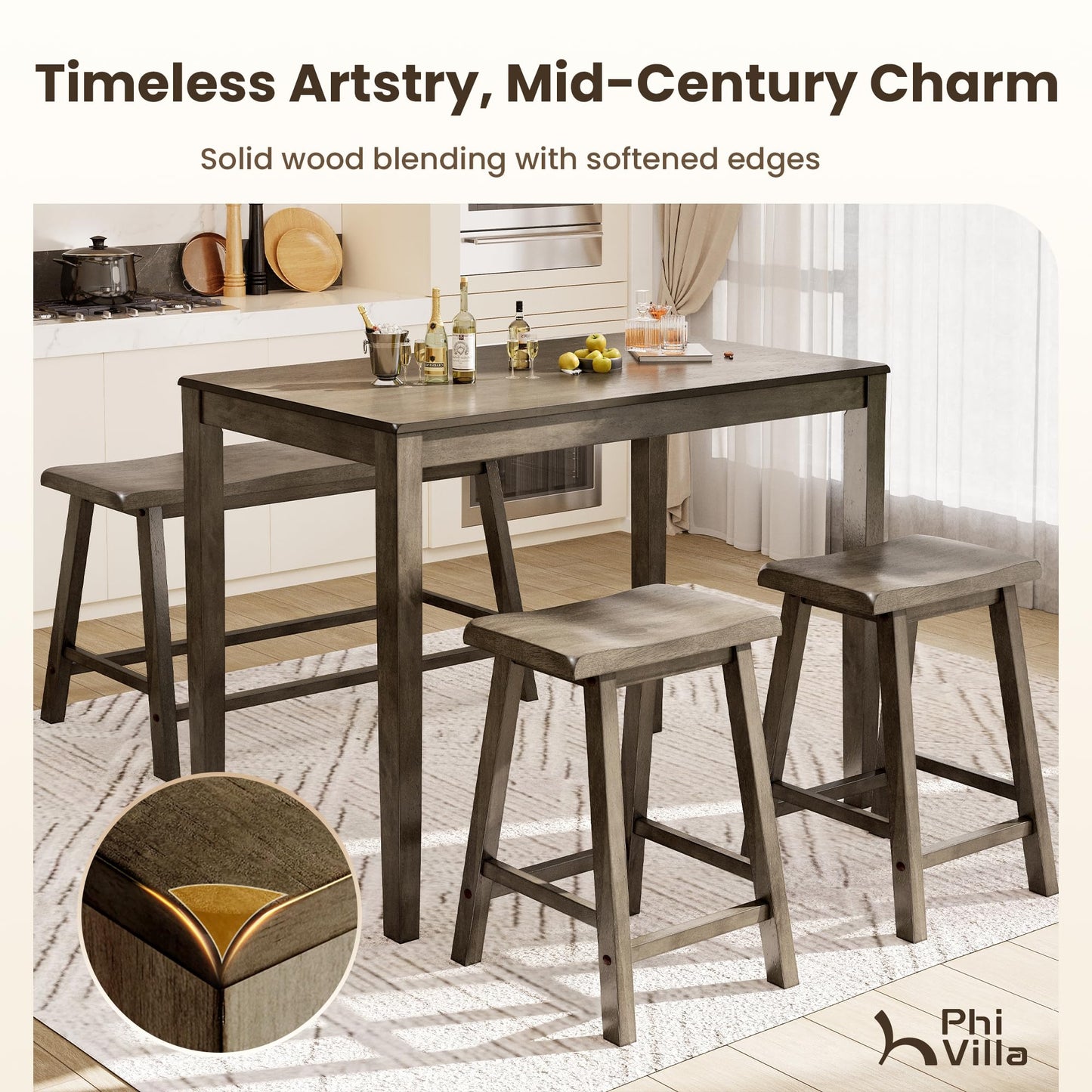 PHI VILLA Counter Height Table and Chairs, Solid Wood Dining Table Set for 4, High Top Kitchen Table Chairs Set of 4, Farmhouse Kitchen Table Set with Bench and Chairs, Smoky Brown