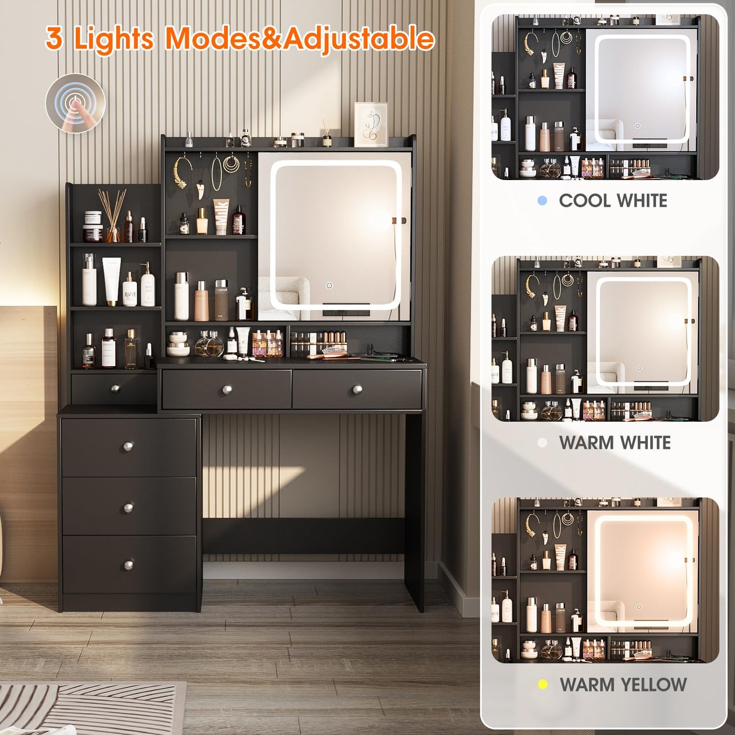 Vabches Vanity Desk with Mirror and Lights, Makeup Vanity with 6 Drawers and Shelves, Dressing Table with Power Outlet, Makeup Desk with Led Lighted Mirror in 3 Colors, for Bedroom, Black