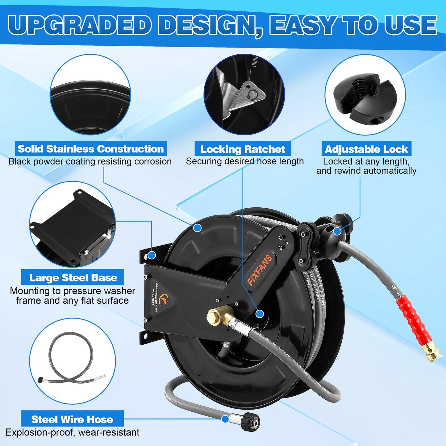FIXFANS Pressure Washer Hose Reel with Hose for Hot and Cold Water, 3/8" X 50 FT Steel Auto-Retractable High Power Wash Hose Reel, Heavy Duty Hose Reel - Wire Braided Hose 4000 PSI, Black