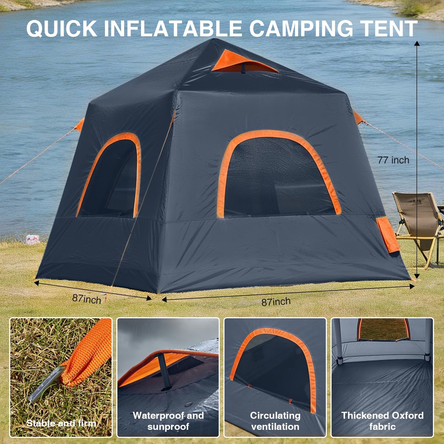 2-3 Person Inflatable Camping Tent, Waterproof Blow Up Tent with Electric Air Pump for Easy Inflation Setup, Portable Outdoor Glamping Tent for Adults Camping & Hiking，Grey